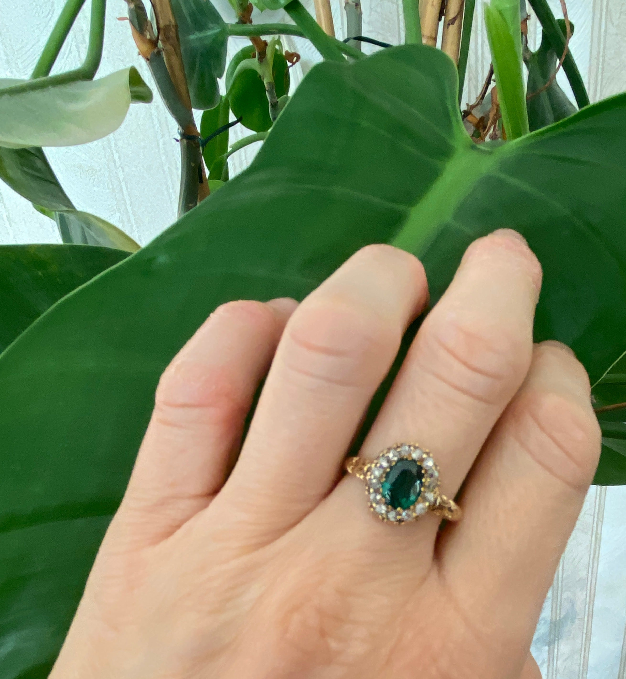 Antique Edwardian 18K Yellow Gold Green Garnet Doublet and Rose-Cut Diamond Ring