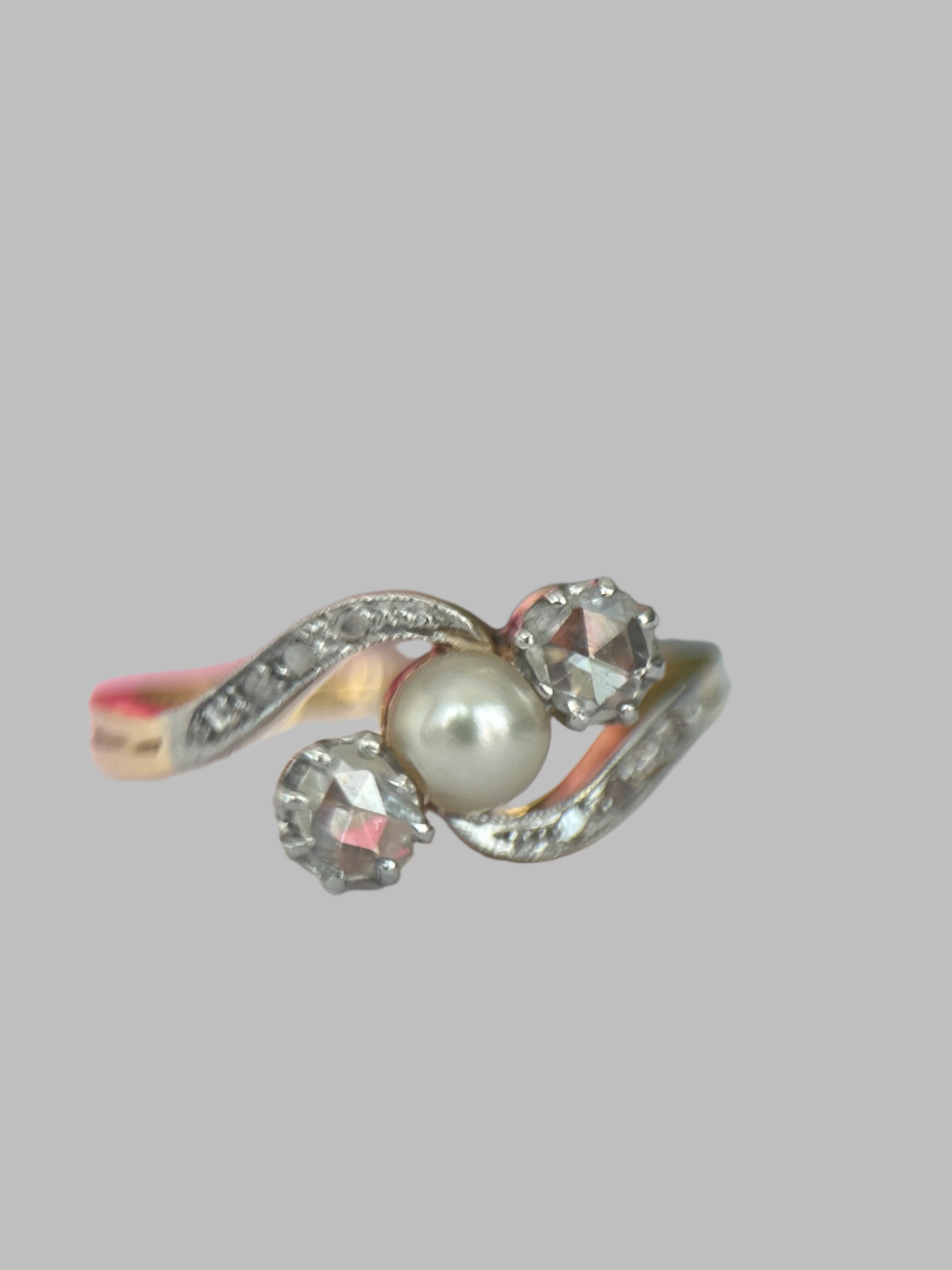 Antique Edwardian Diamond Pearl Ring Moi et Toi 18k Gold Topped Jewelry