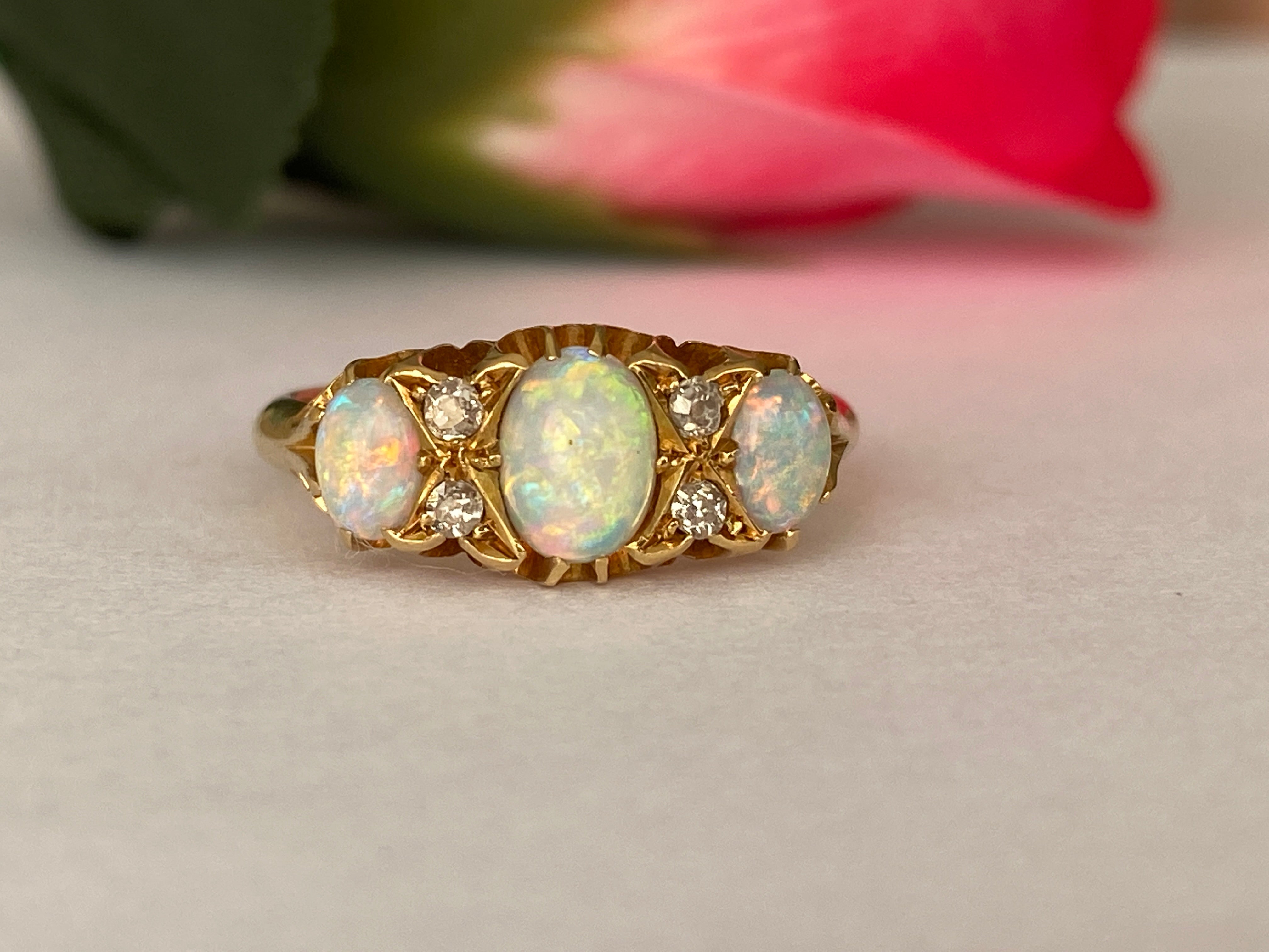 Antique English Edwardian 18ct Gold Opal and Diamond Ring, Birmingham, 1904