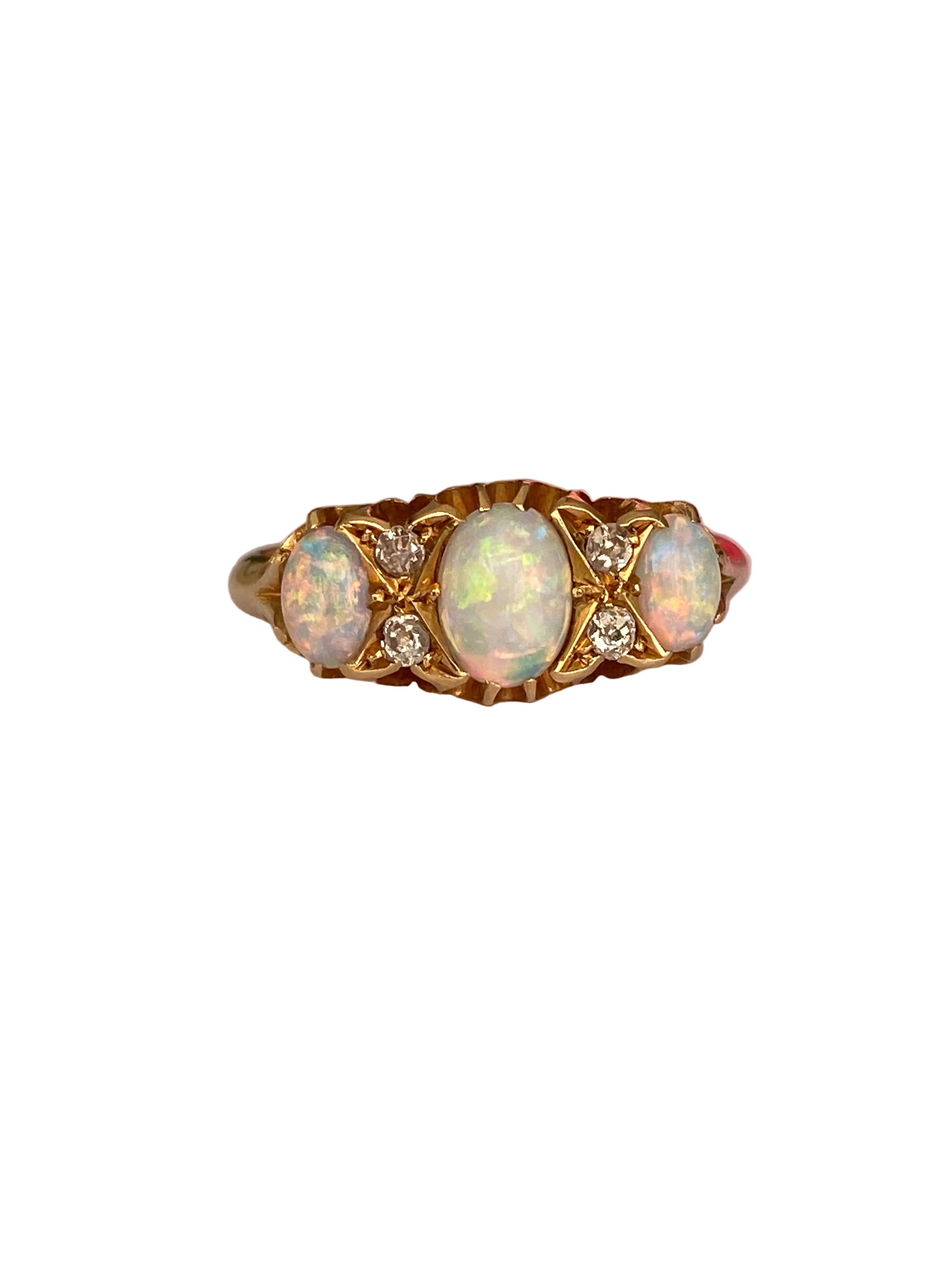 Antique English Edwardian 18ct Gold Opal and Diamond Ring, Birmingham, 1904