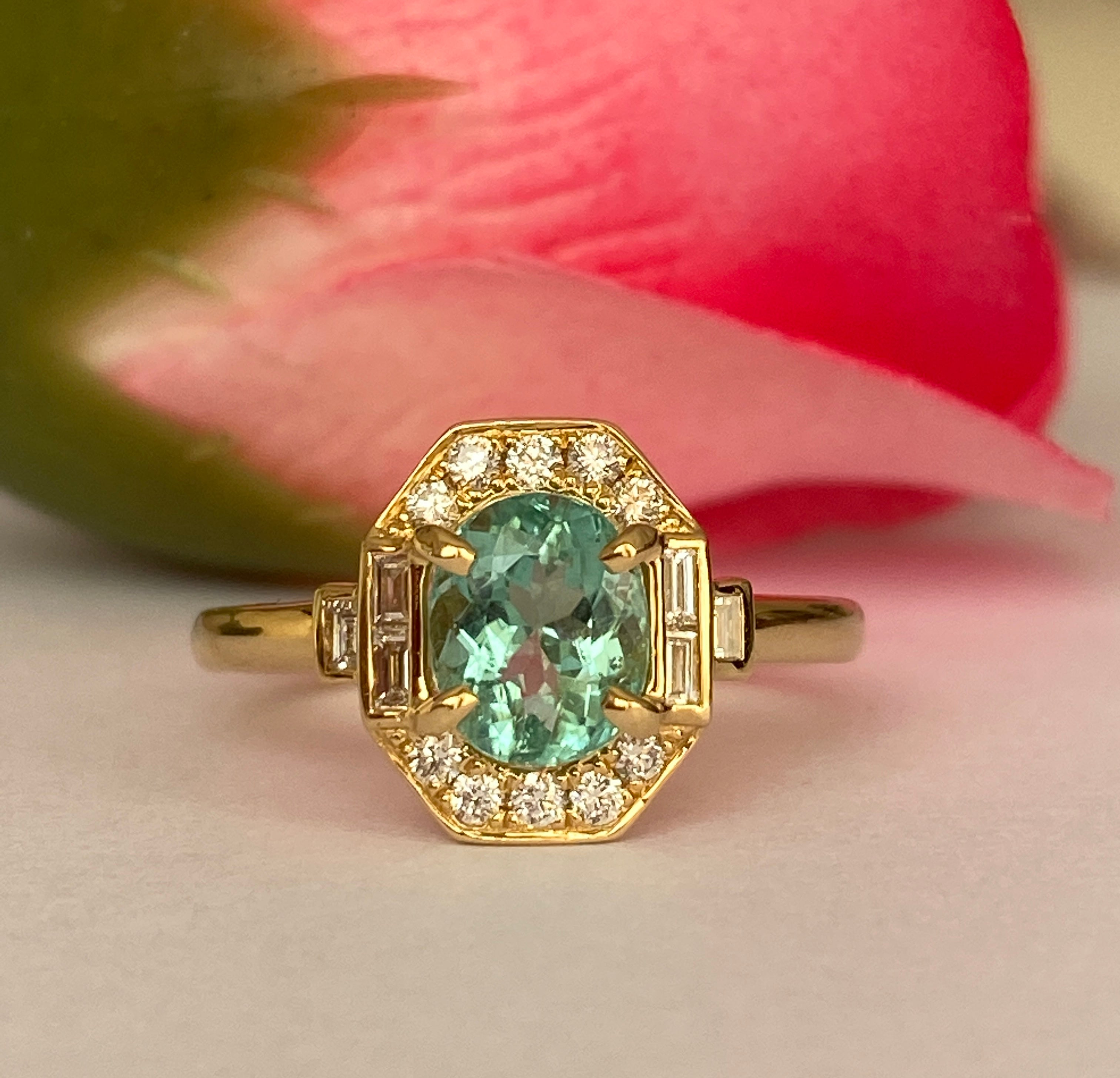 ALGT Certified 1.37 carat Paraiba Tourmaline Diamond  18 kt Yellow Gold Ring