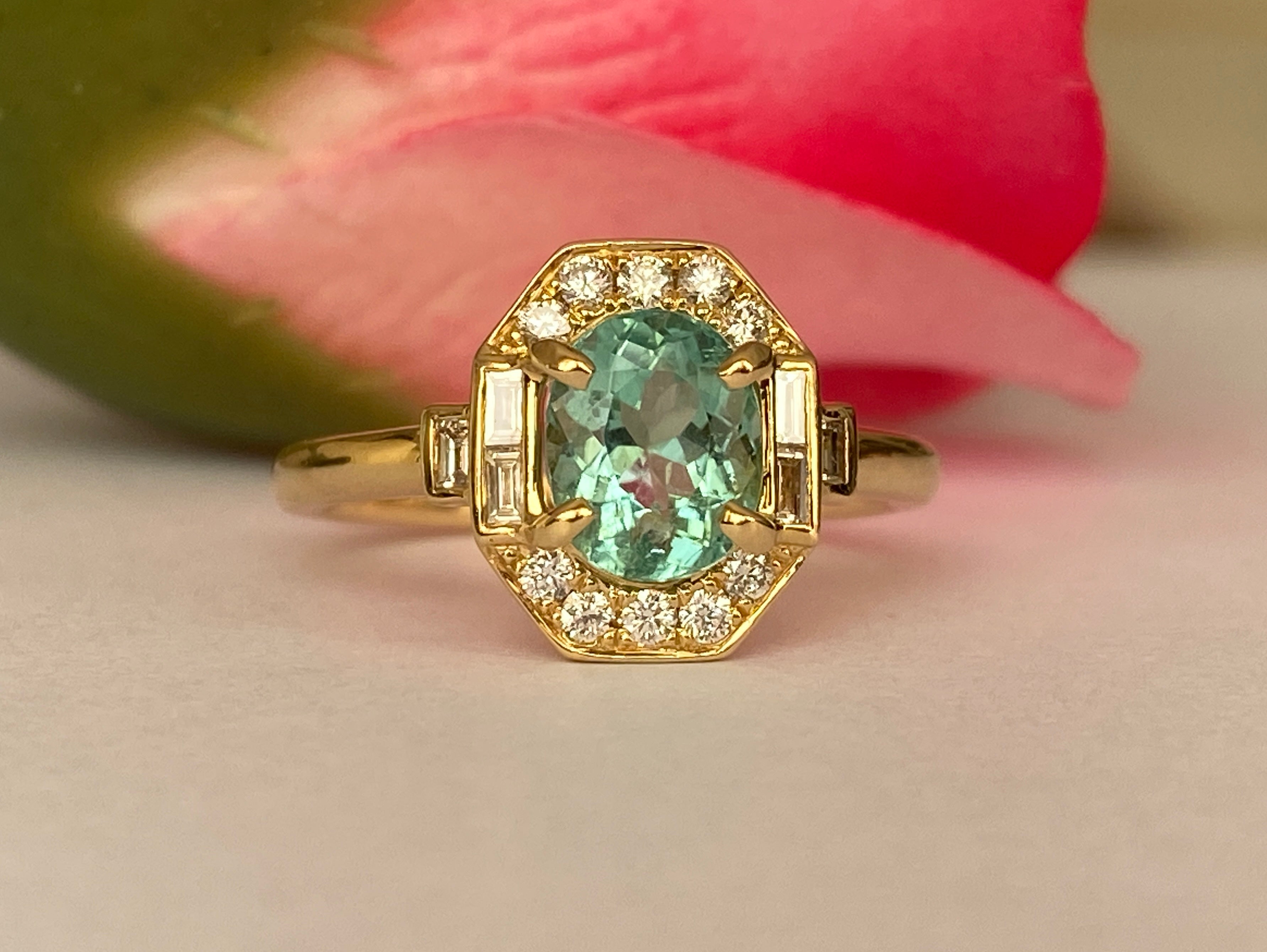 ALGT Certified 1.37 carat Paraiba Tourmaline Diamond  18 kt Yellow Gold Ring
