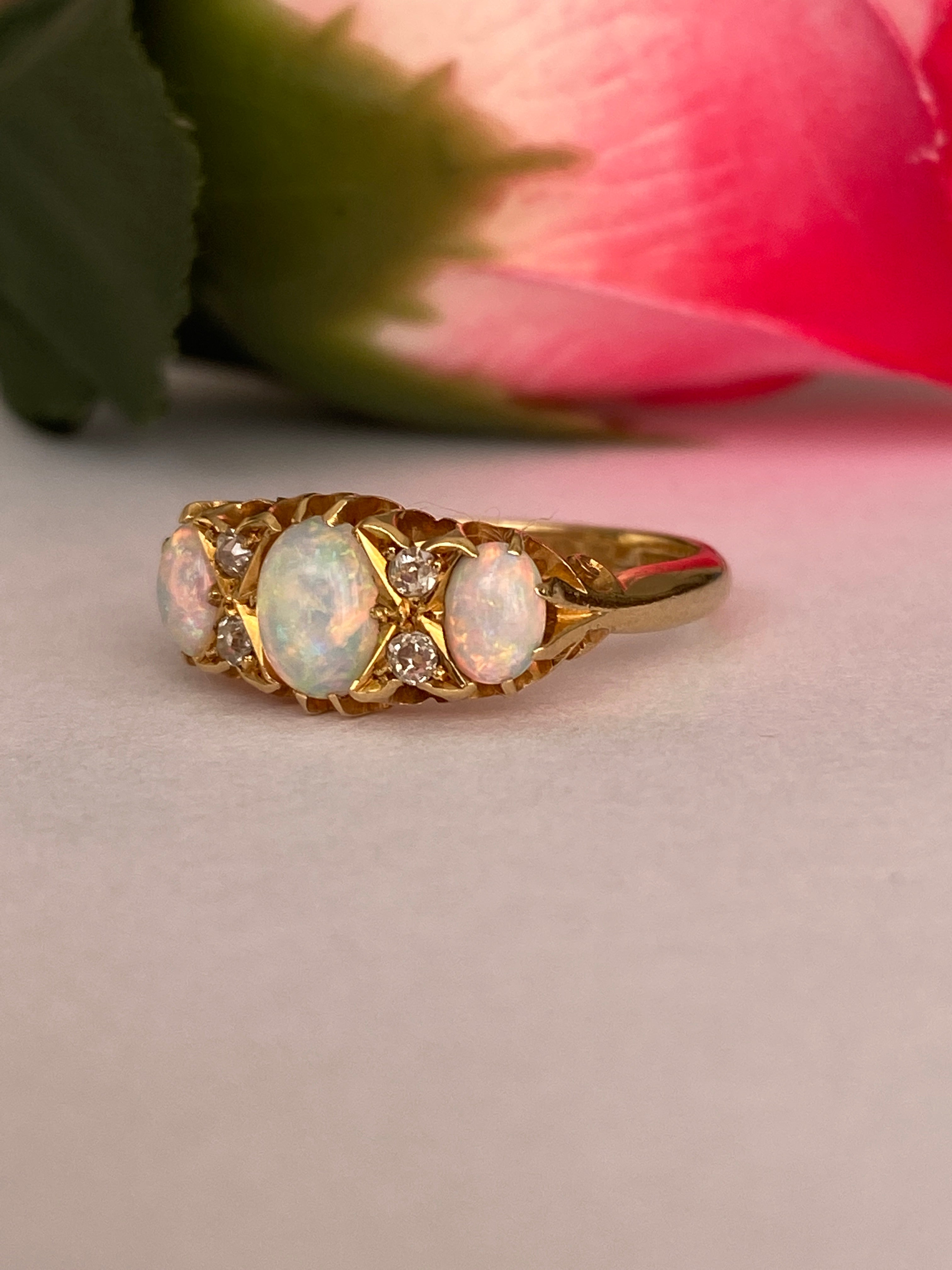 Antique English Edwardian 18ct Gold Opal and Diamond Ring, Birmingham, 1904