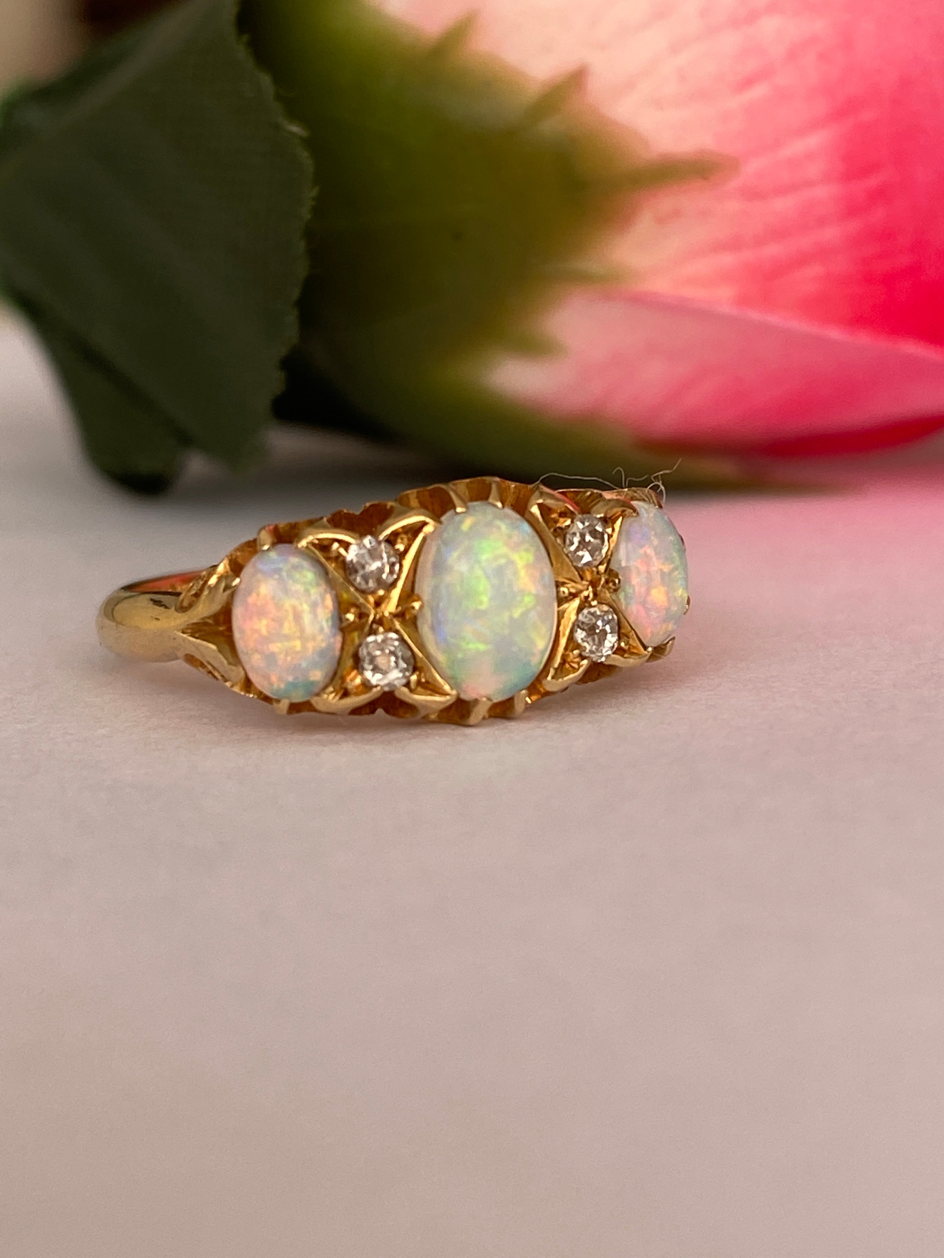 Antique English Edwardian 18ct Gold Opal and Diamond Ring, Birmingham, 1904