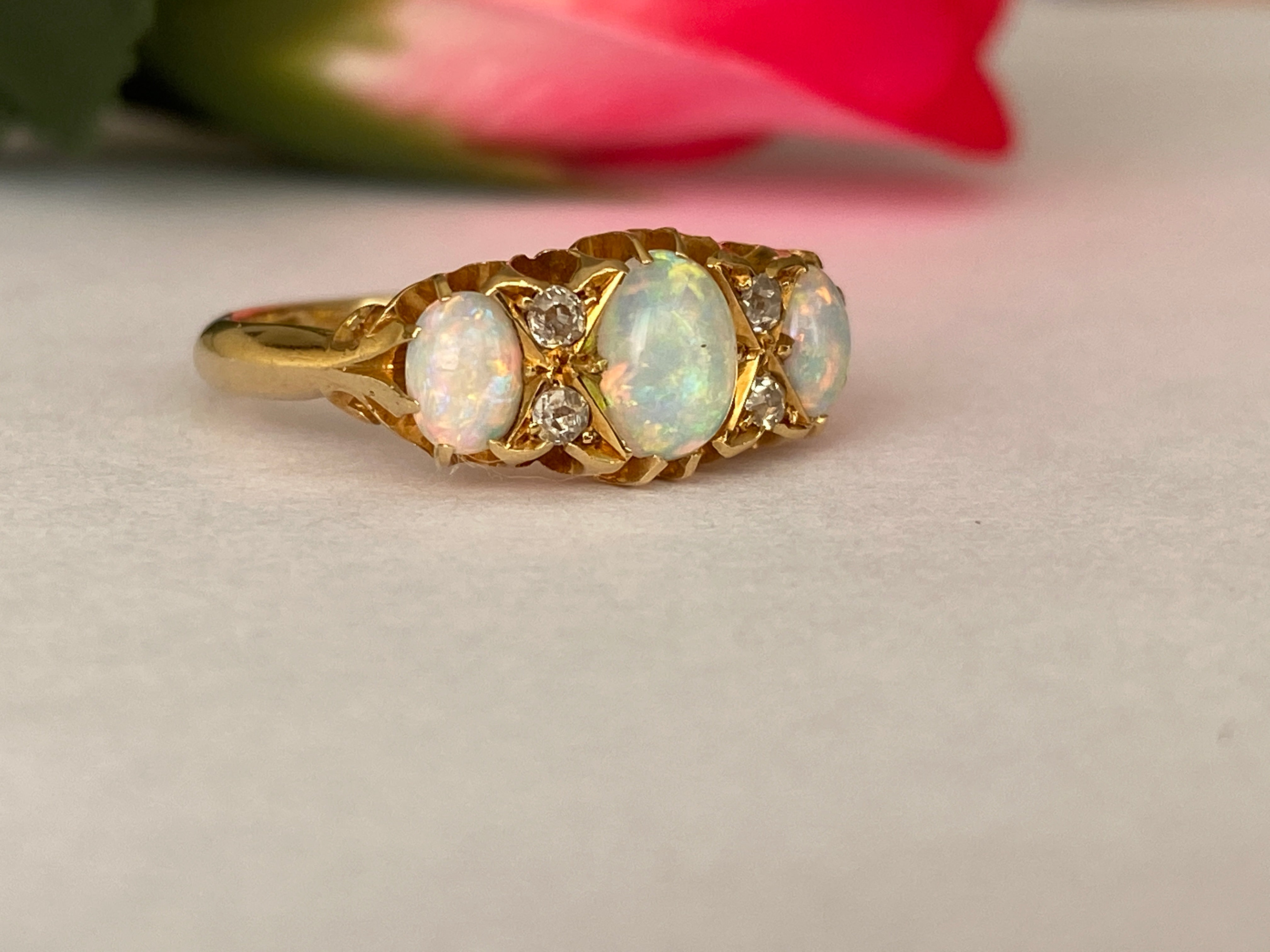 Antique English Edwardian 18ct Gold Opal and Diamond Ring, Birmingham, 1904