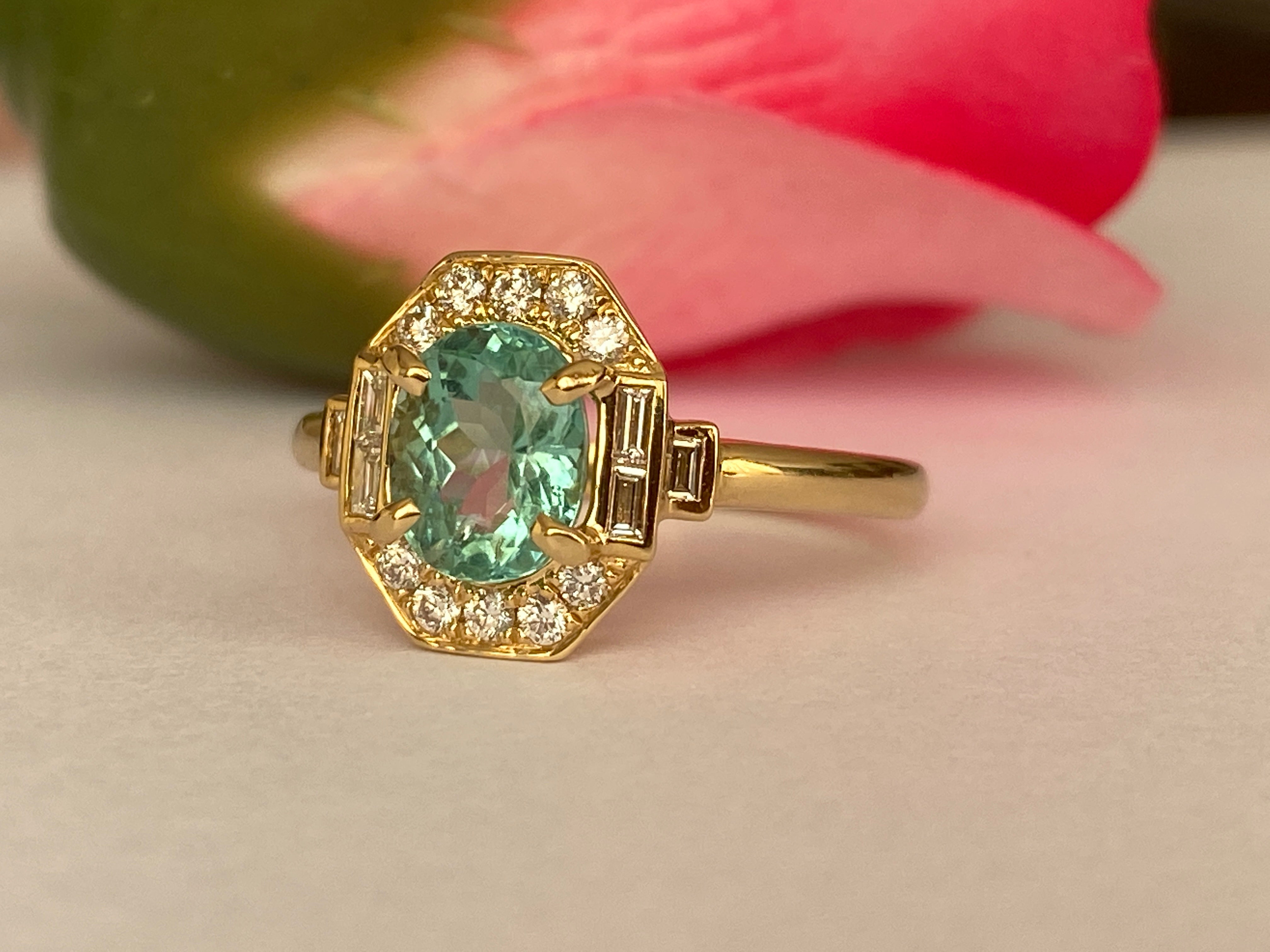 ALGT Certified 1.37 carat Paraiba Tourmaline Diamond  18 kt Yellow Gold Ring