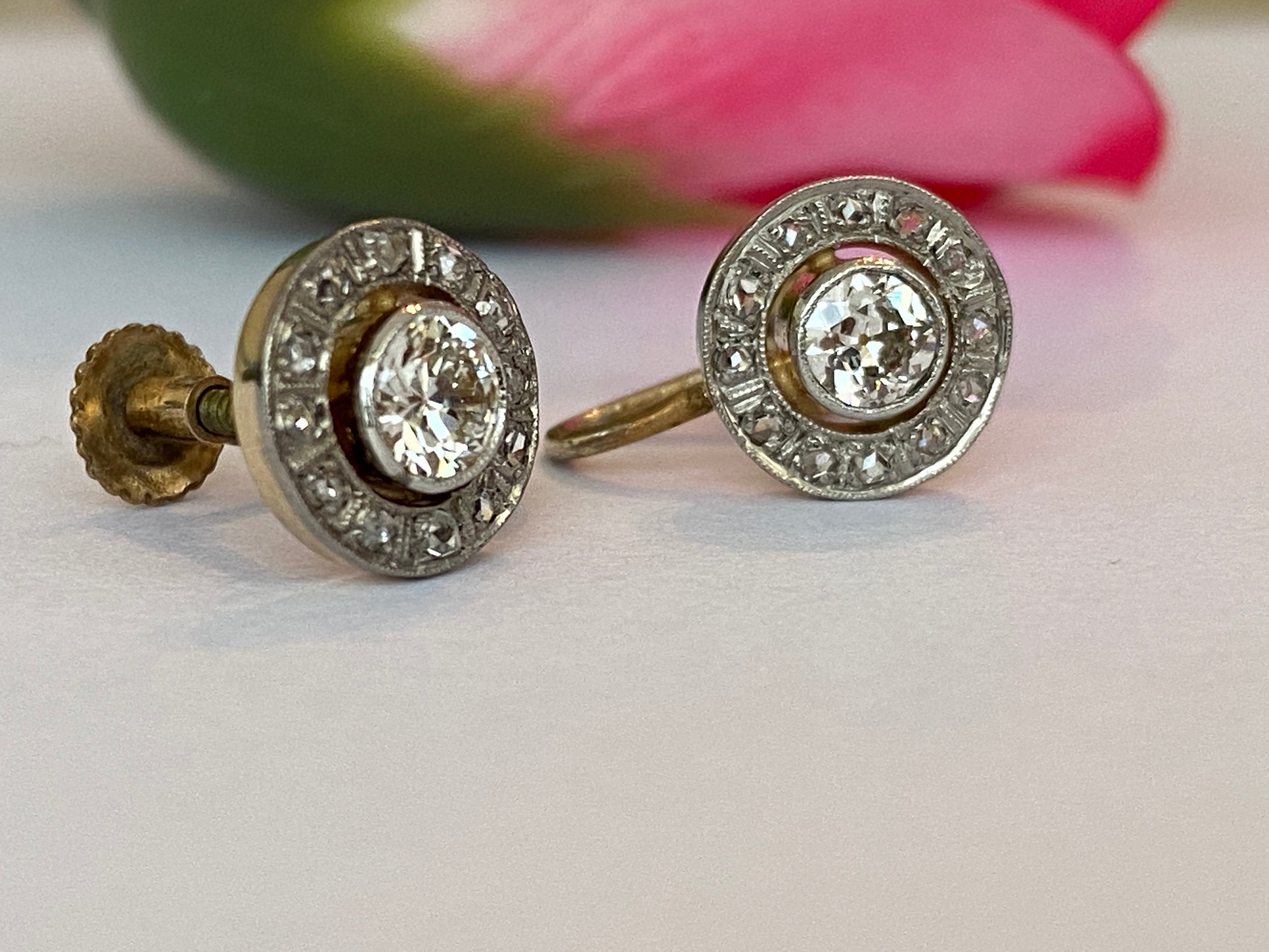 Antique Victorian 14 kt  Gold Halo Earrings with 0.74 ct Old-Cut Diamonds