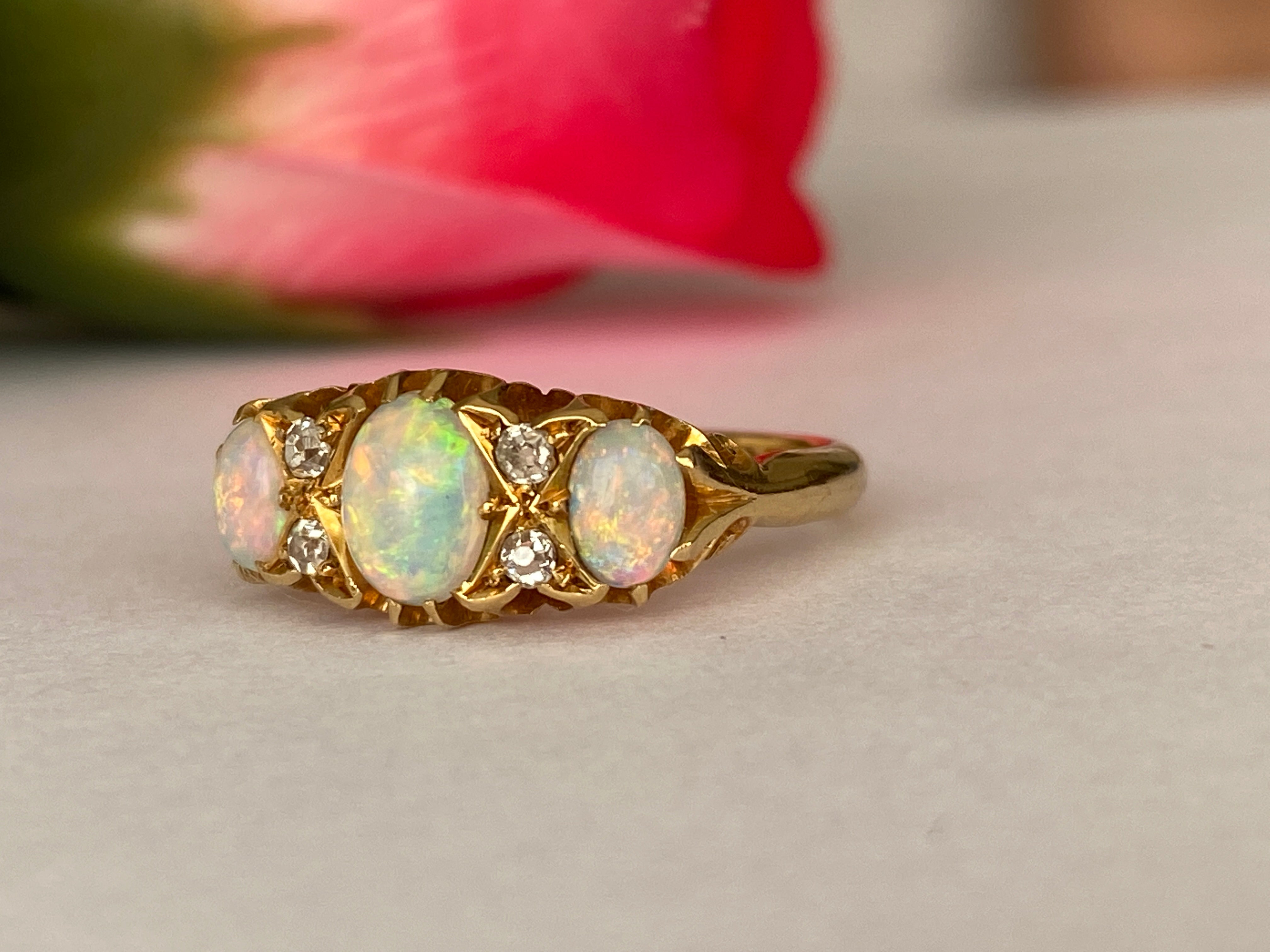 Antique English Edwardian 18ct Gold Opal and Diamond Ring, Birmingham, 1904