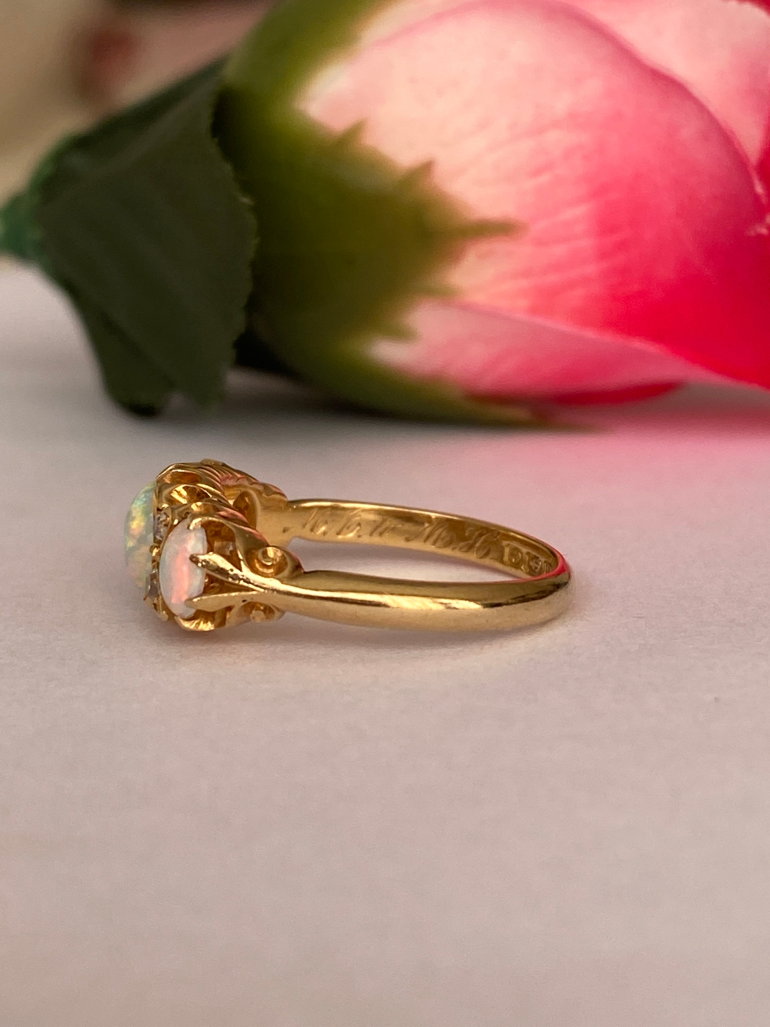 Antique English Edwardian 18ct Gold Opal and Diamond Ring, Birmingham, 1904