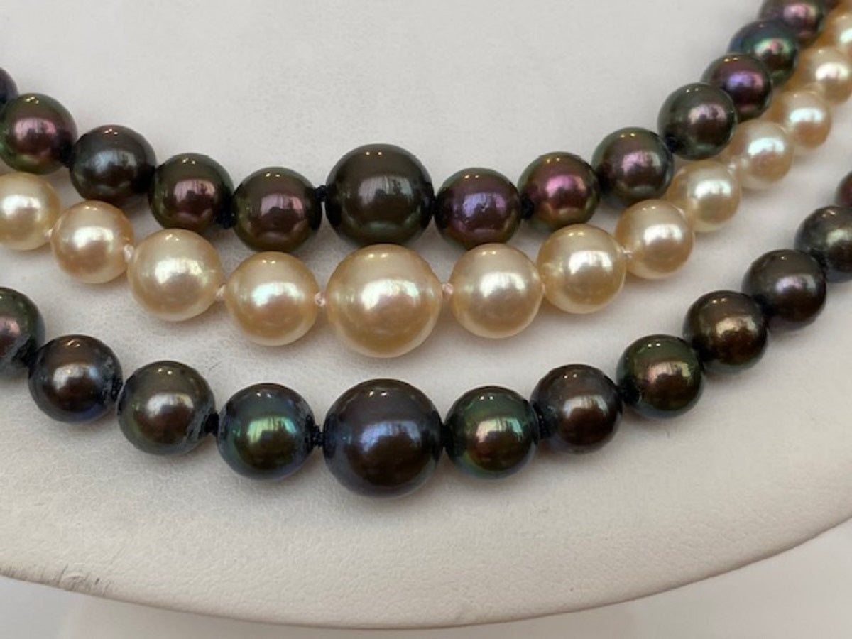 Vintage 3-Row Natural Freshwater Pearl Necklace with 18K White Gold Clasp