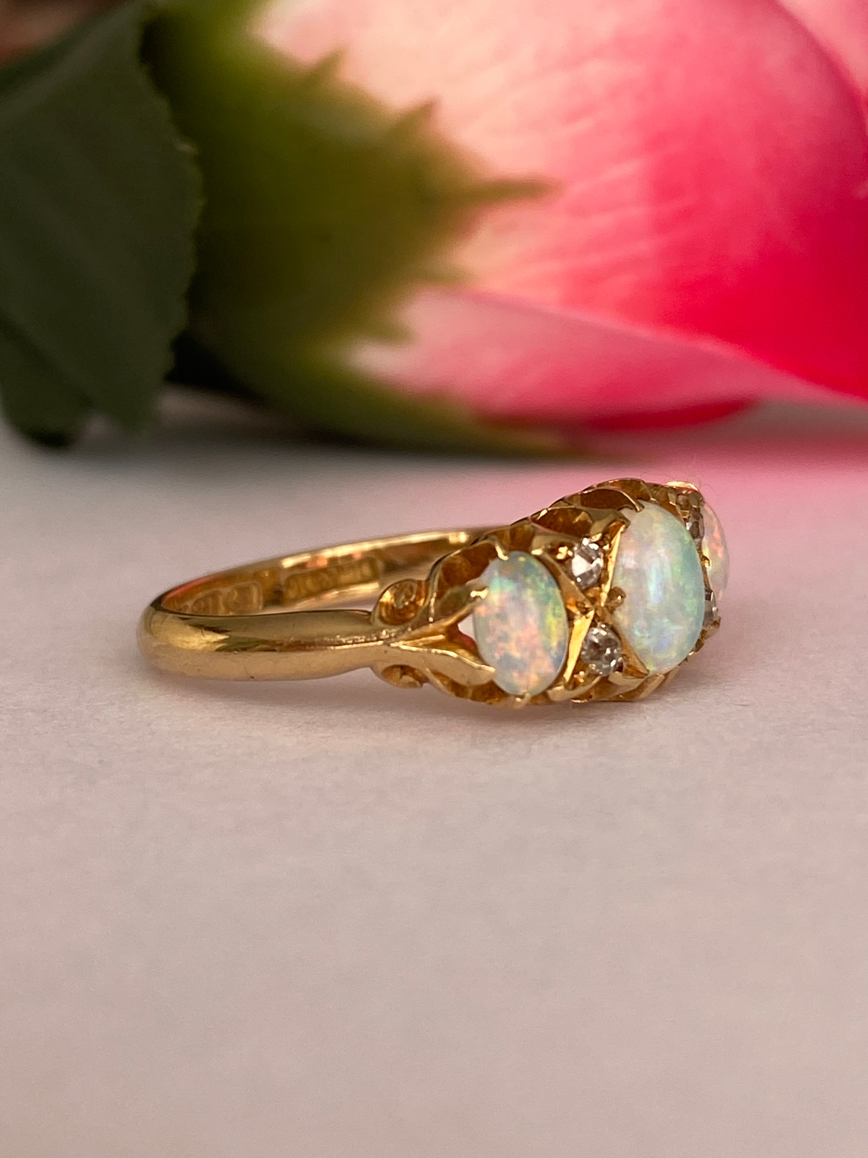 Antique English Edwardian 18ct Gold Opal and Diamond Ring, Birmingham, 1904