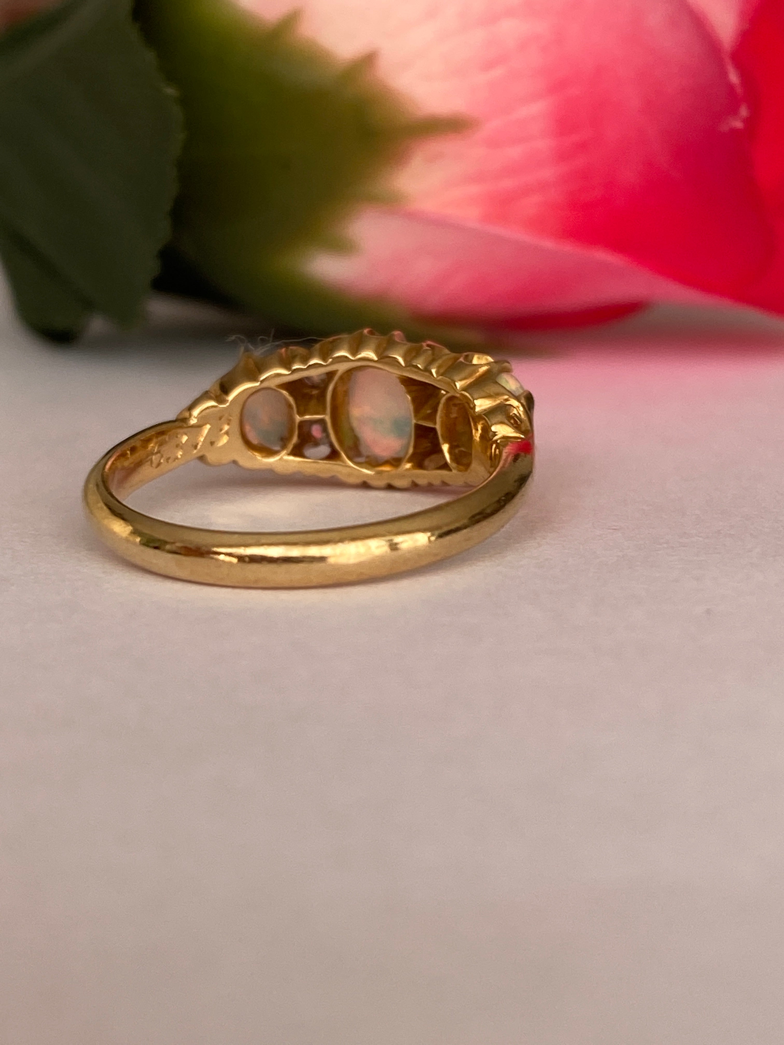 Antique English Edwardian 18ct Gold Opal and Diamond Ring, Birmingham, 1904
