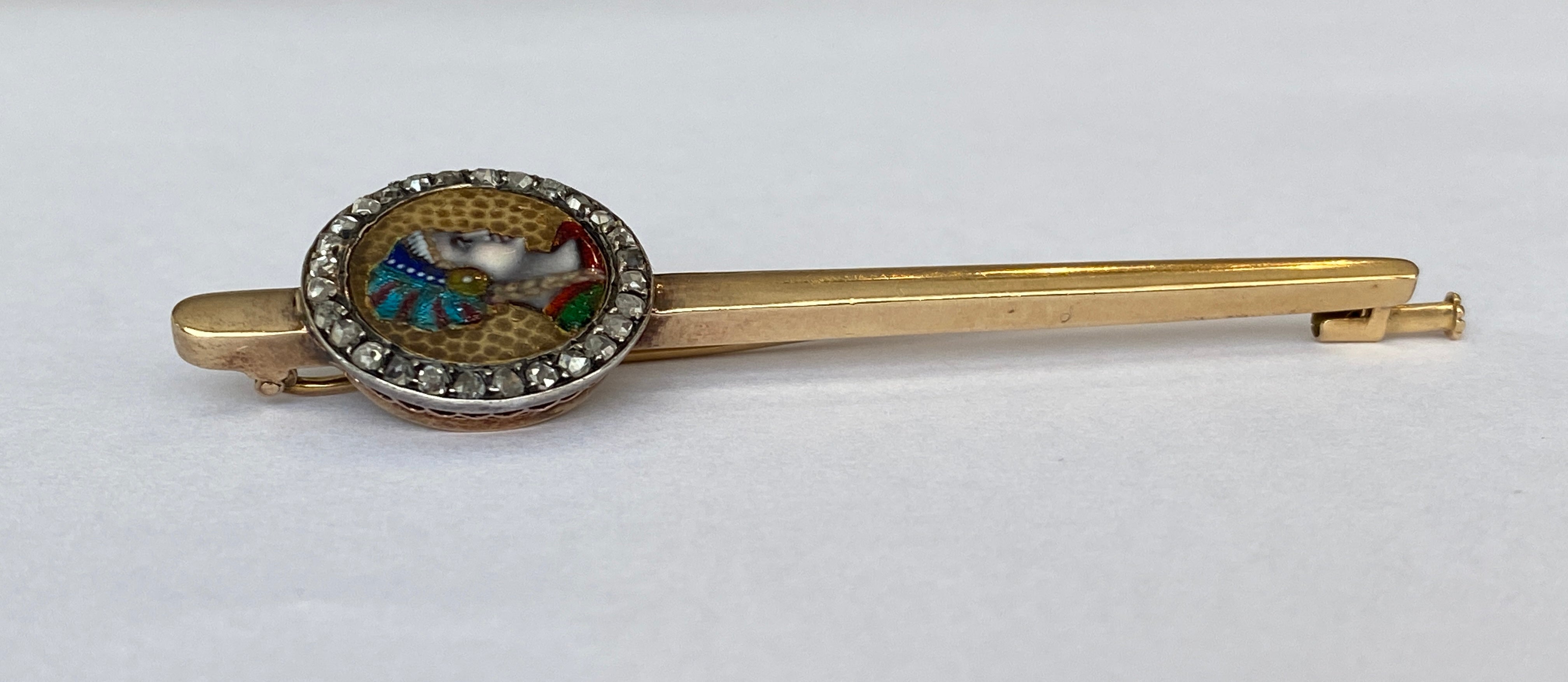 Important 8.7g Antique French 18 Karat Gold Art Nouveau Limoges Enamel Brooch