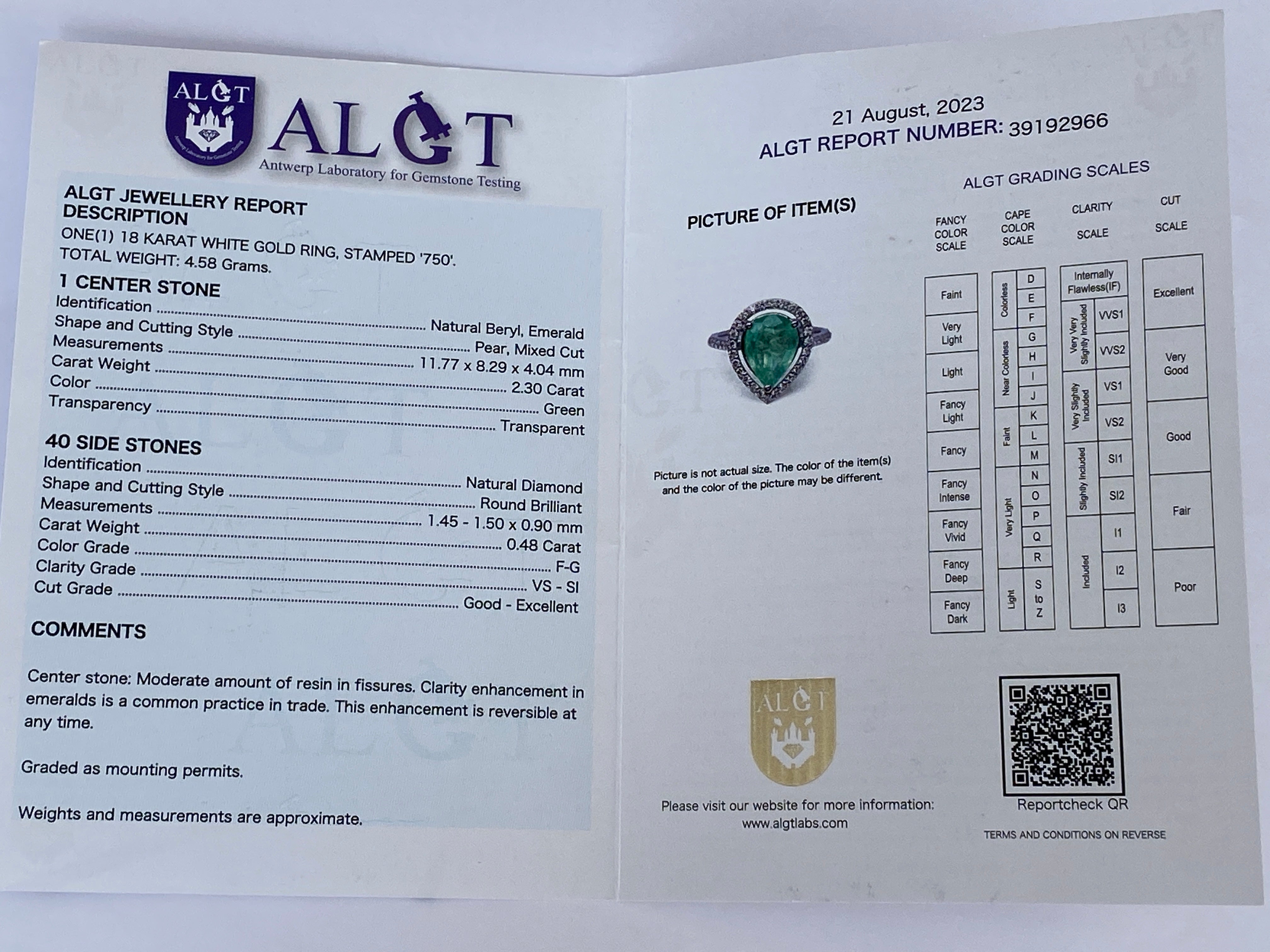 18K White Gold 2.30 Ct Emerald & Diamond 