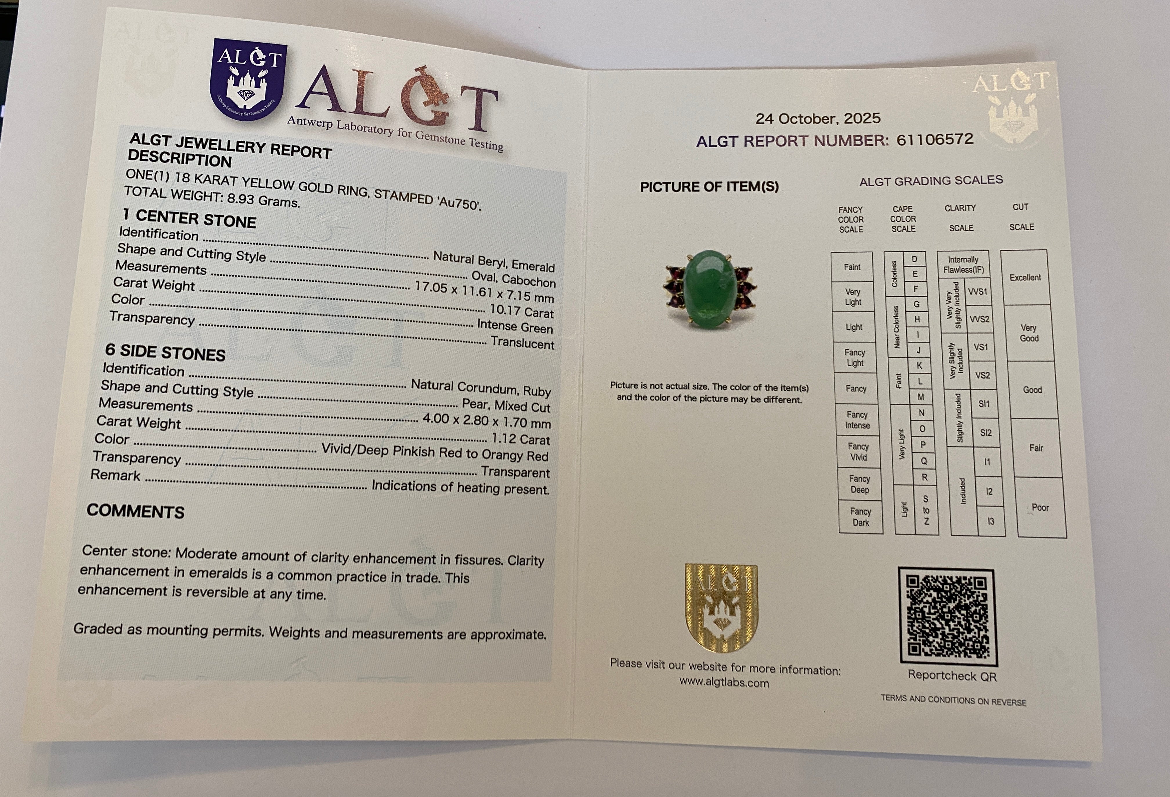 ALGT certified Natural 10.17 Carat Ural Emerald and Ruby Cocktail ring