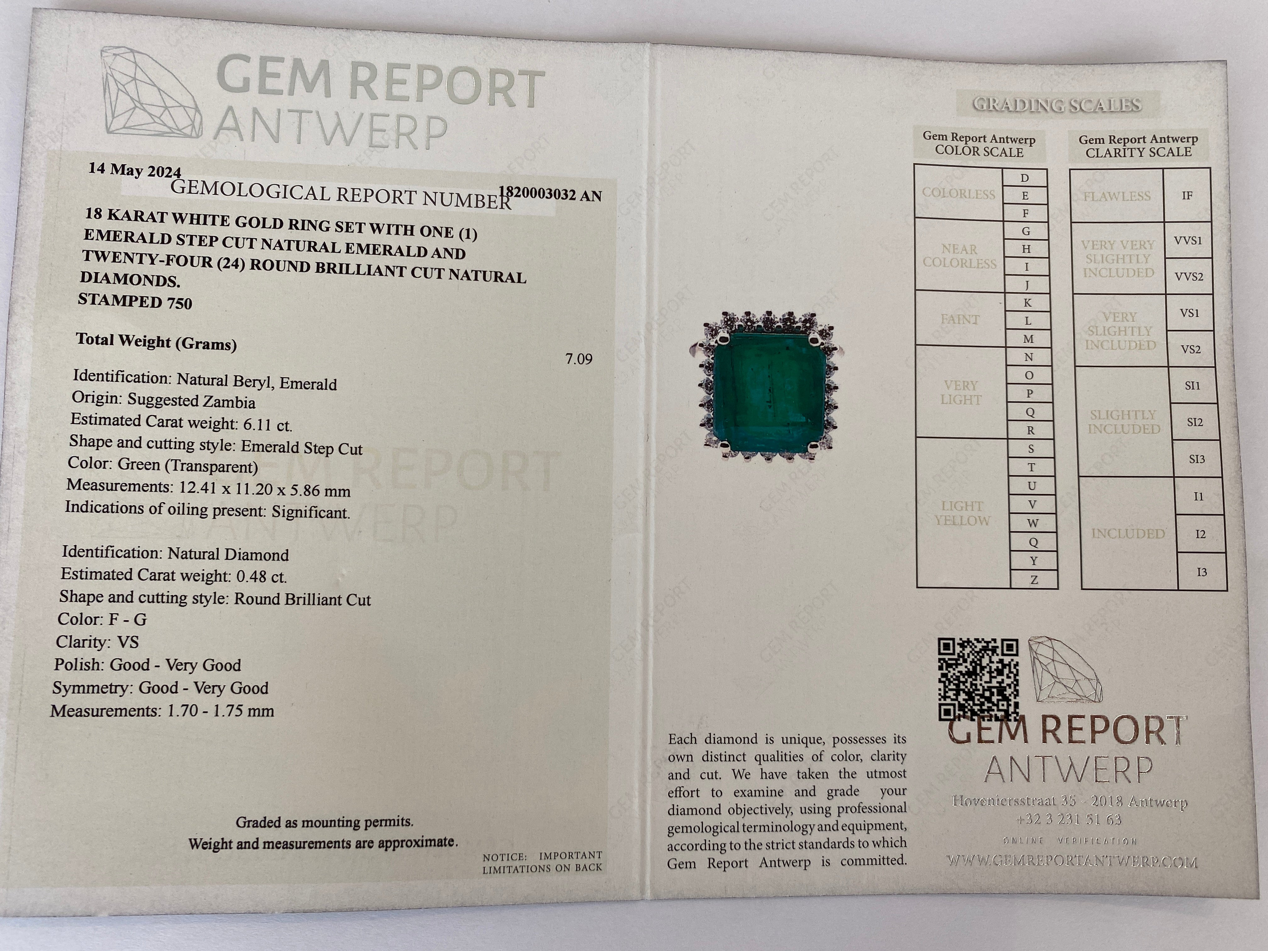 Certified 6.11 Carat Emerald & Diamond Cocktail Ring in 18K White Gold