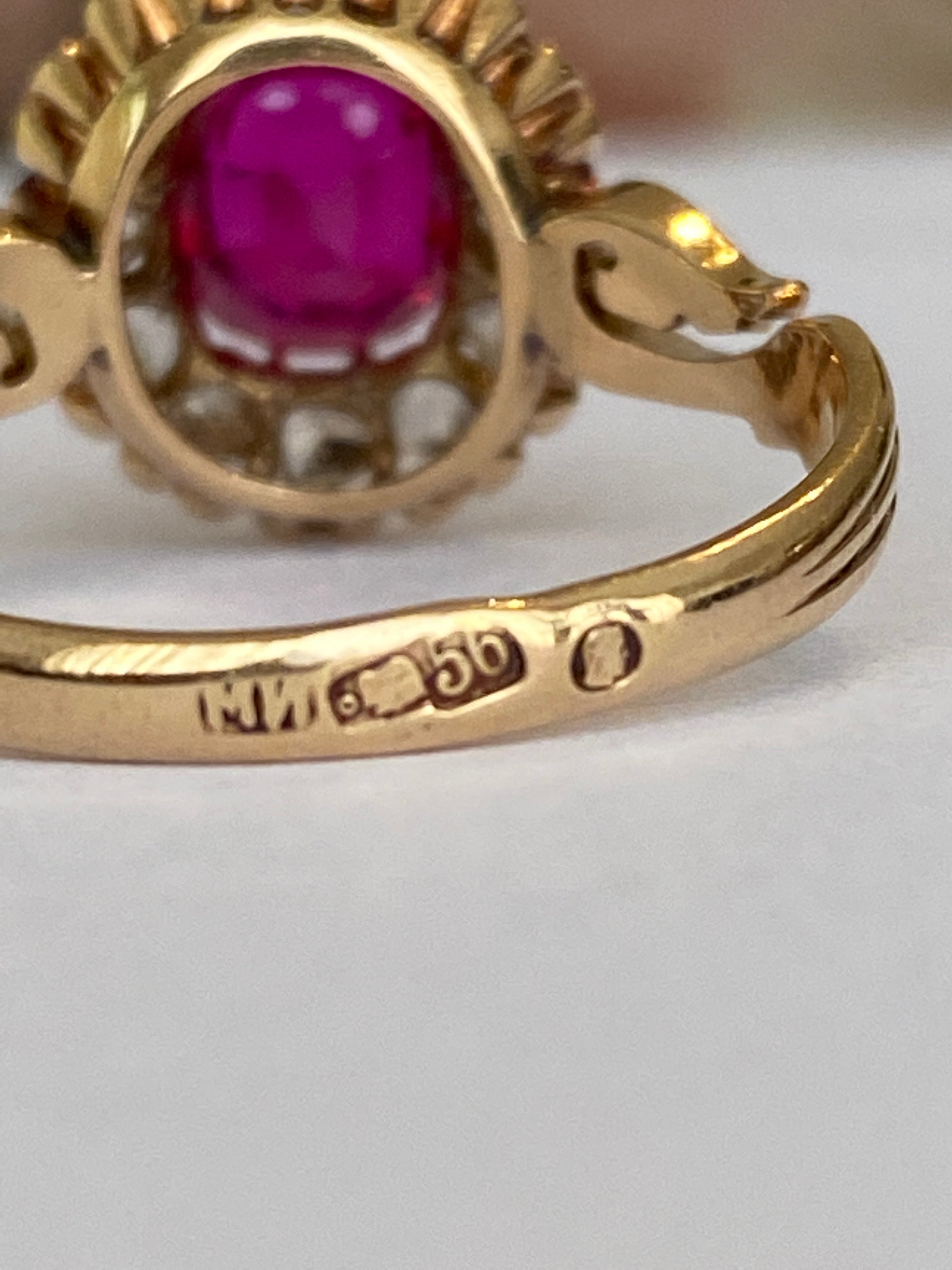Russian Antique 1910s  Ruby and Old Mine Cut Diamond Ring