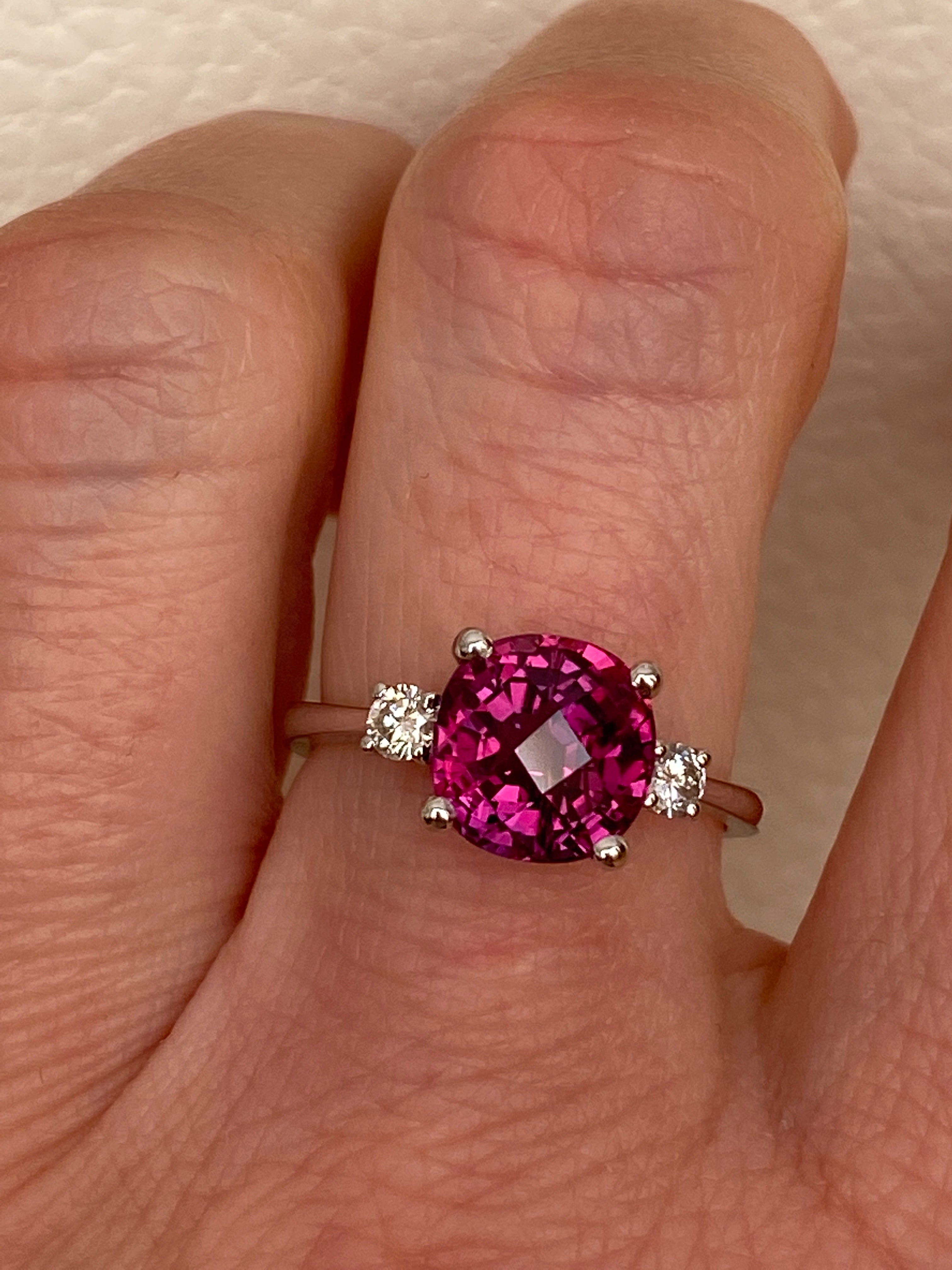 ALGT Certified 4.34 Carat Vivid/ Deep Purplish Pink Sapphire Diamond Ring