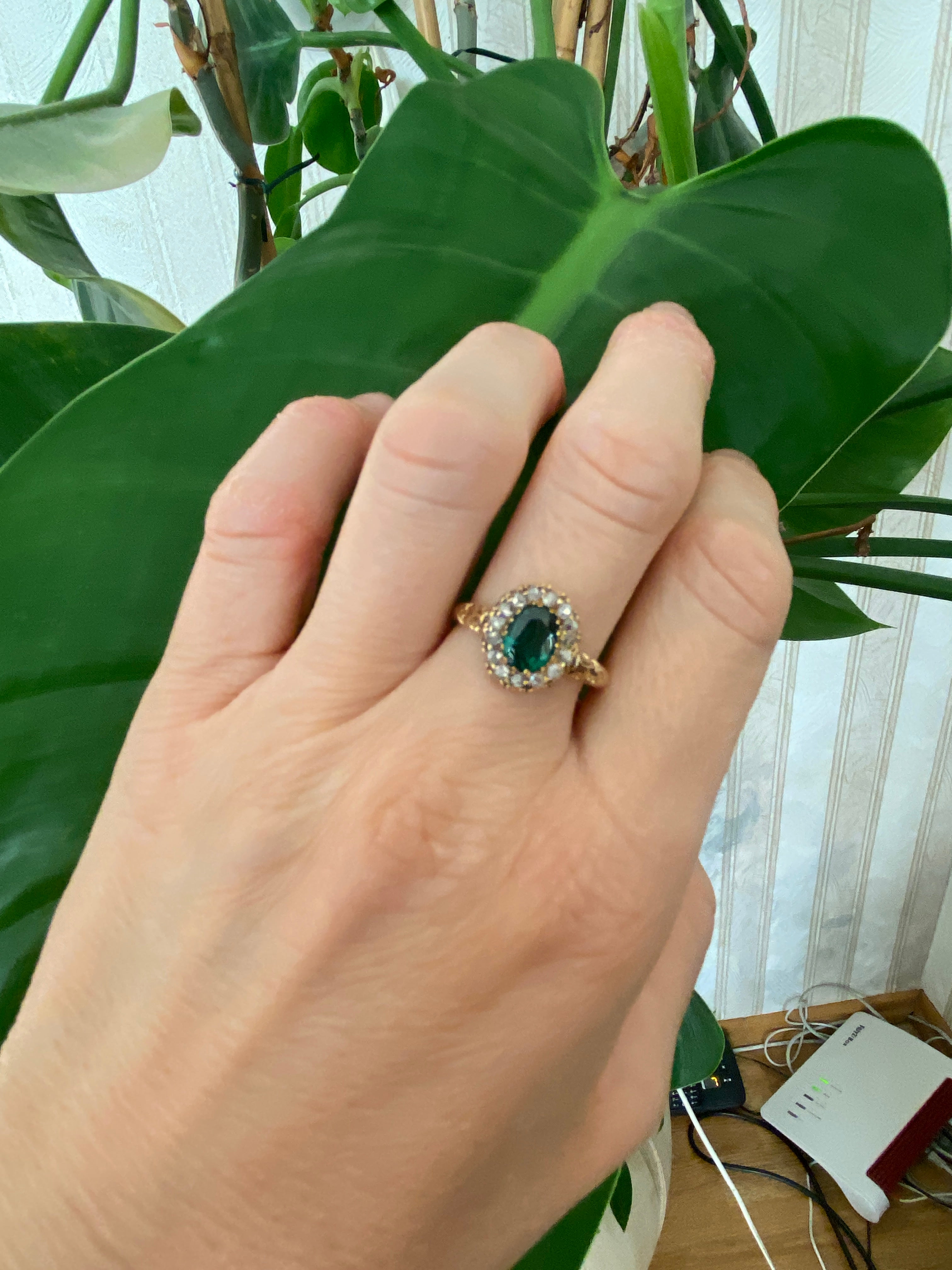 Antique Edwardian 18K Yellow Gold Green Garnet Doublet and Rose-Cut Diamond Ring