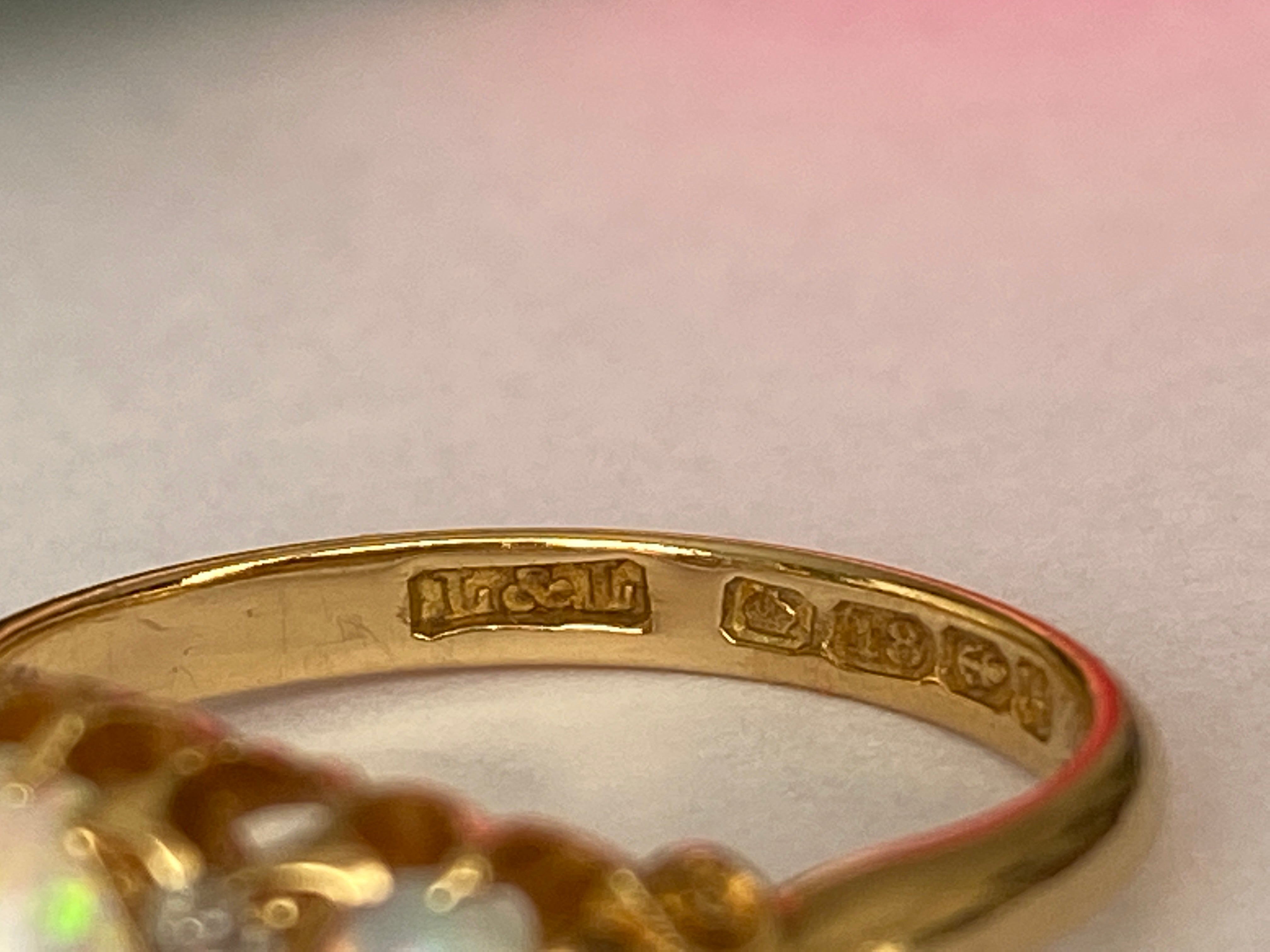 Antique English Edwardian 18ct Gold Opal and Diamond Ring, Birmingham, 1904