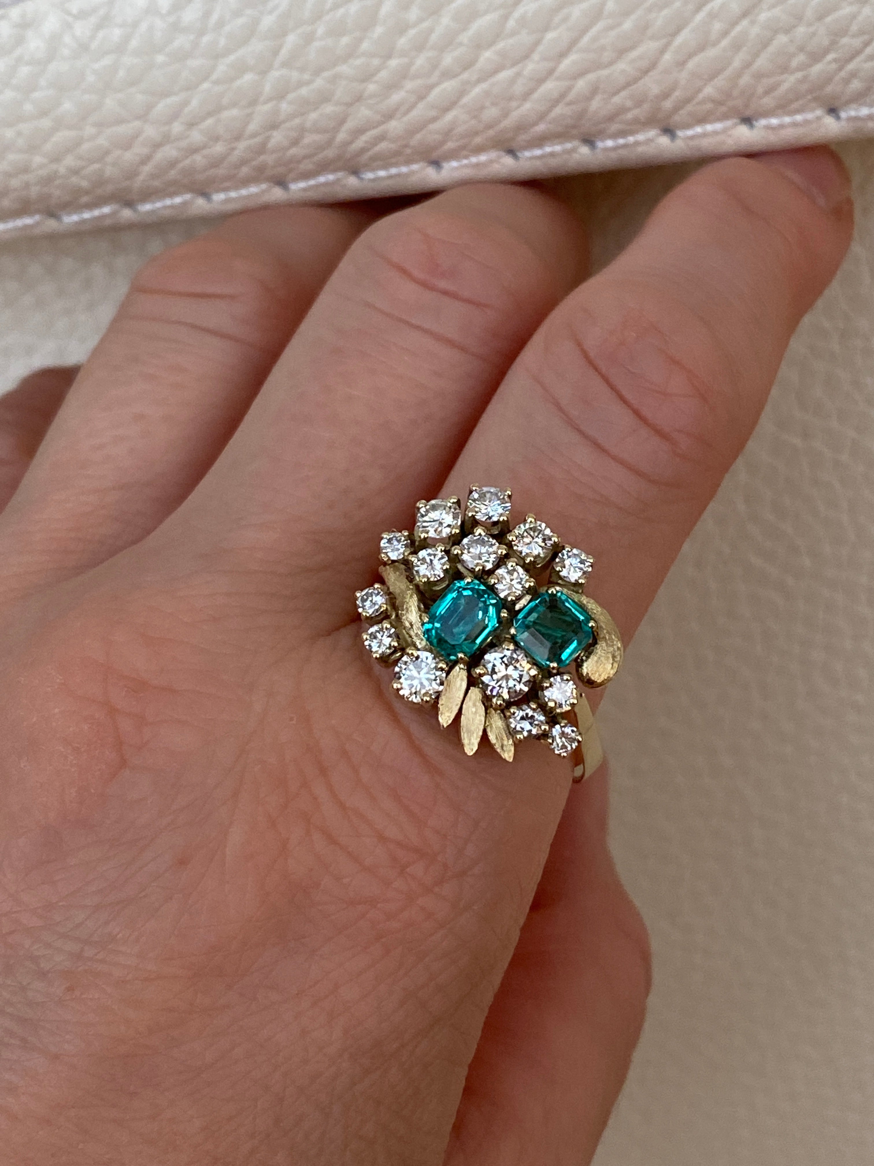 Vintage 14K Yellow Gold Diamond & Emerald Cluster Ring ca 1960, France