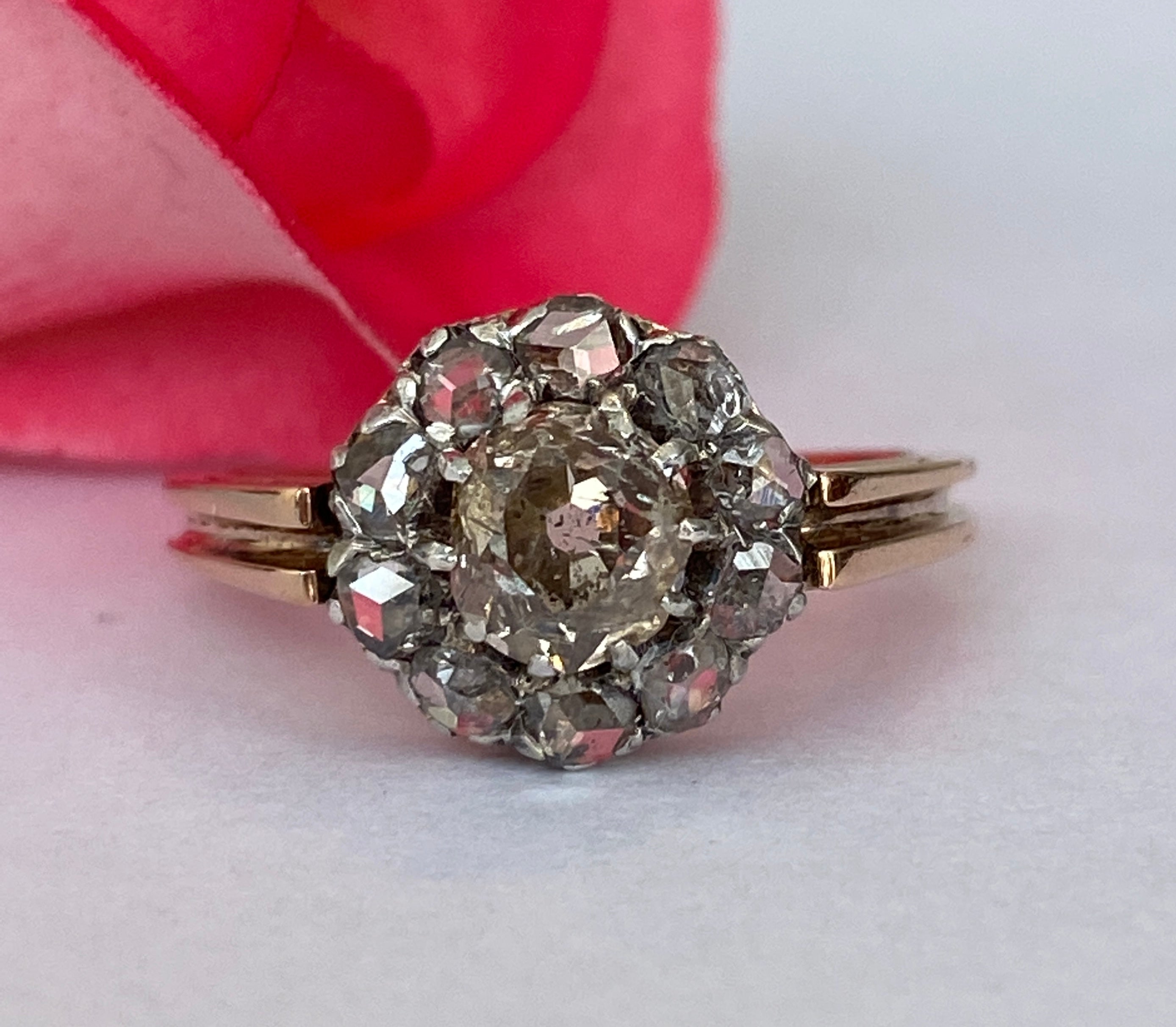 Antique Circa 1900s 18k Gold Handmade Natural Rose and Bolshevik Cut Diamond
