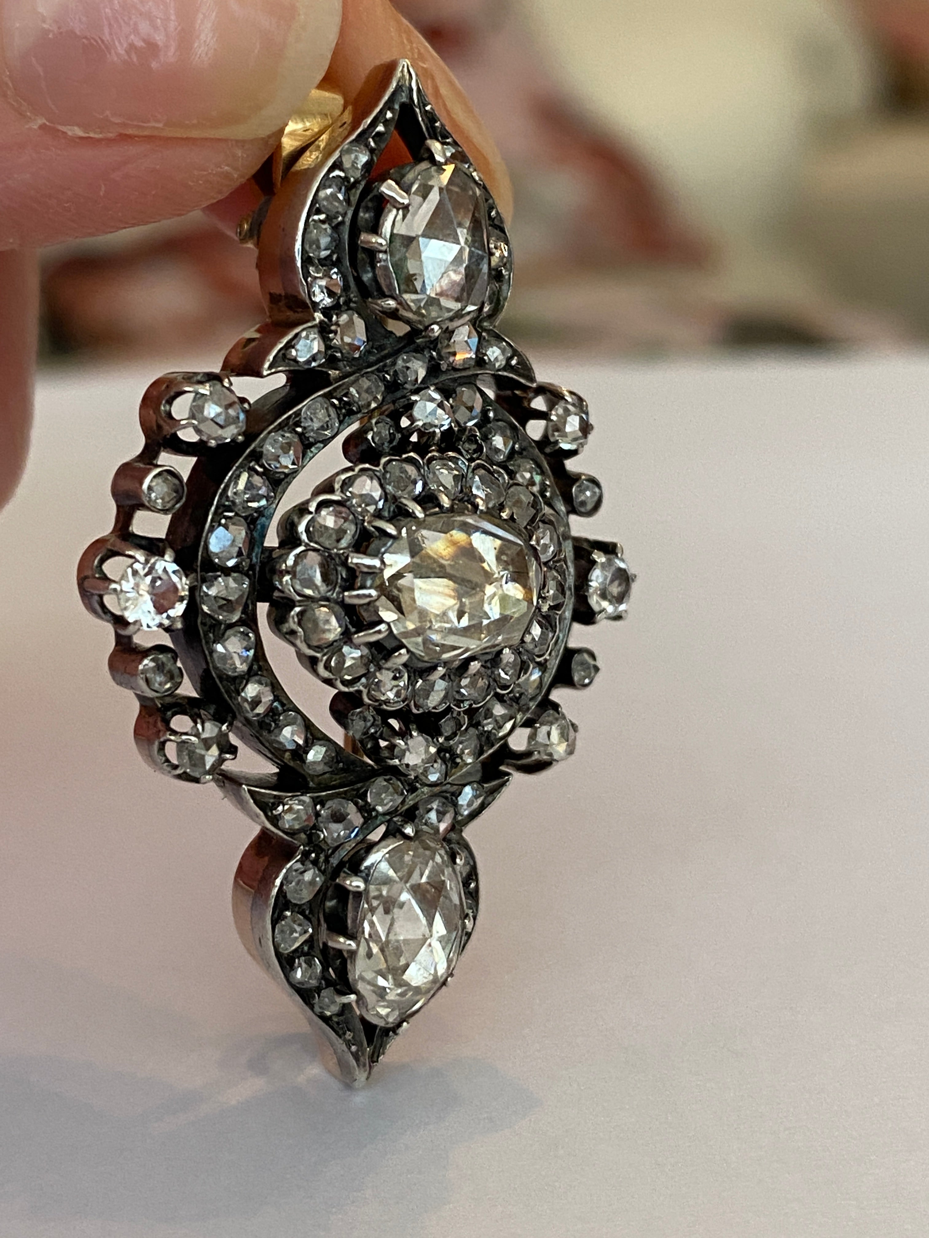 French Antique 18k Gold /Silver Napoleon III 6ct Rose-Cut Diamond Brooch/Pendant