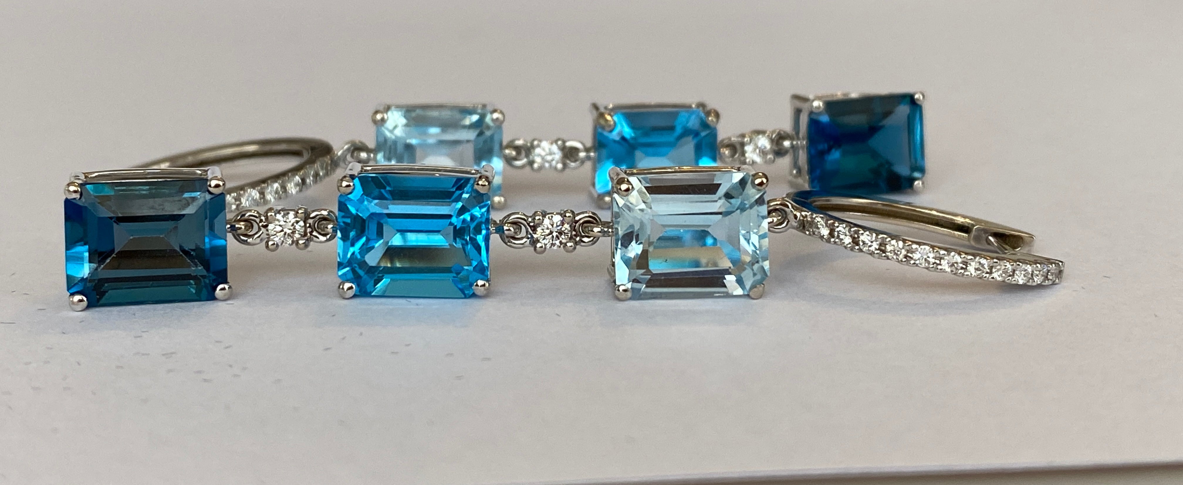 Exquisite 18K White Gold 22.45 Carat Blue Topaz & Diamond Dangle Earrings