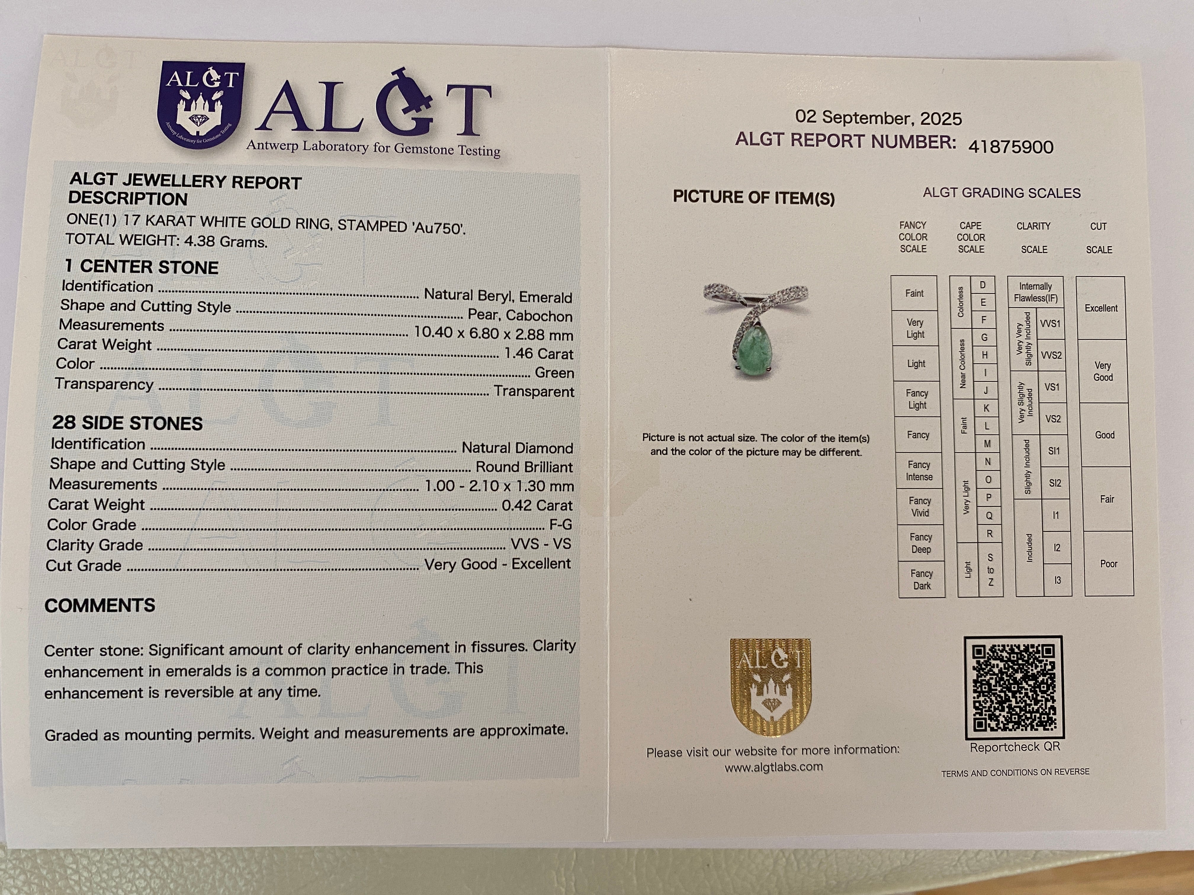 ALGT certified Natural 1.46 Carat Ural Emerald and  Diamond  White Gold Cocktail Ring