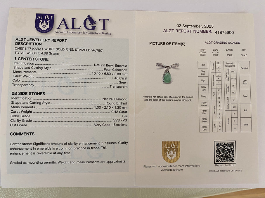 ALGT certified Natural 1.46 Carat Ural Emerald and  Diamond  White Gold Cocktail Ring