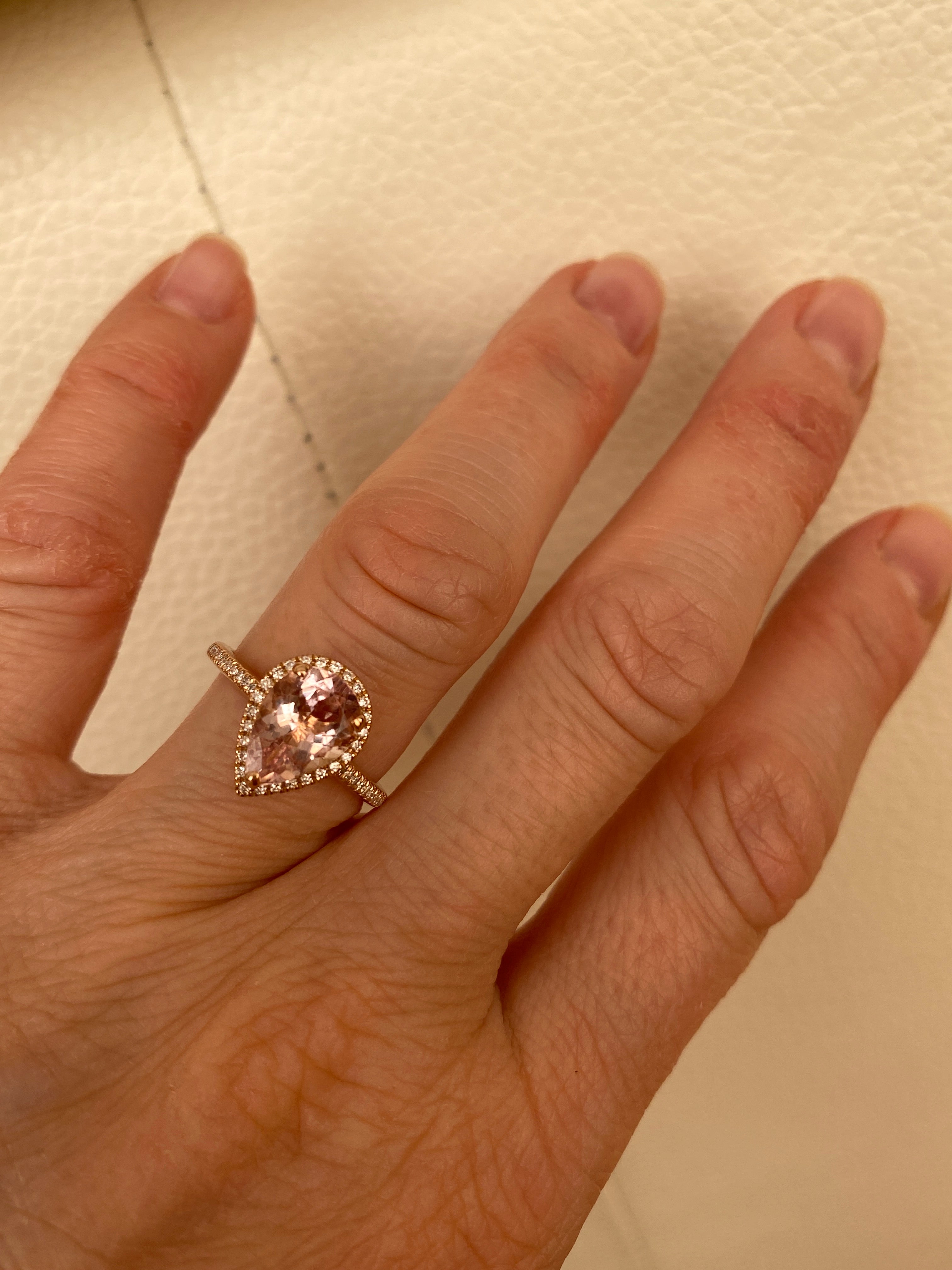 18K Rose Gold Pear-Cut Morganite Halo Diamond Ring