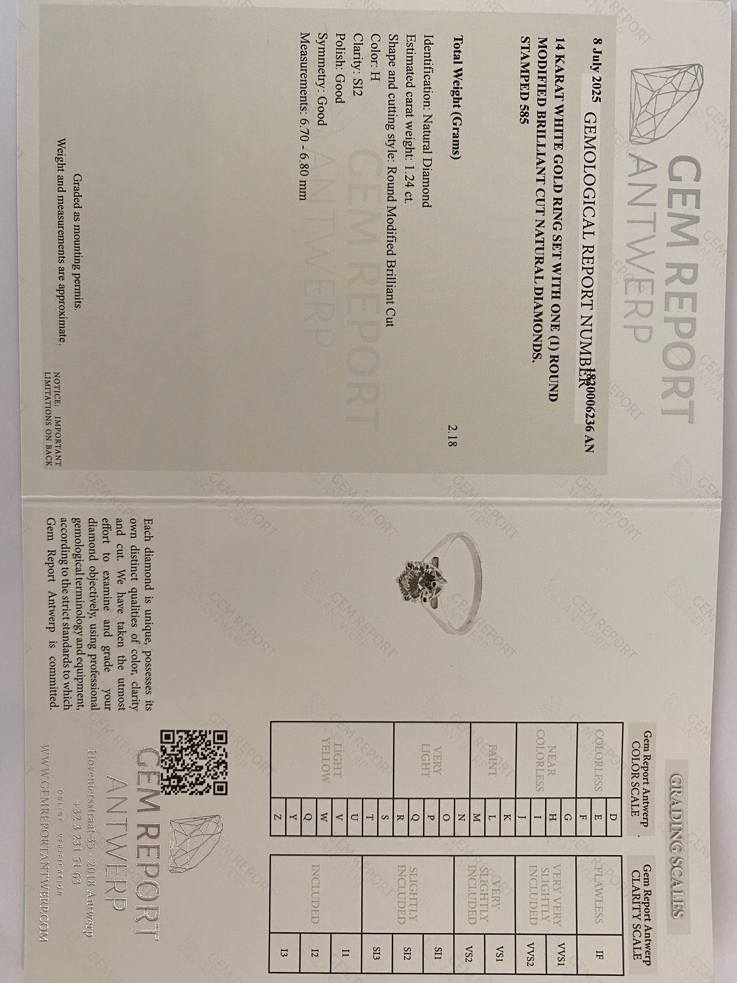 Certified 1.24 Carat  Old European Cut Diamond  White Gold Ring