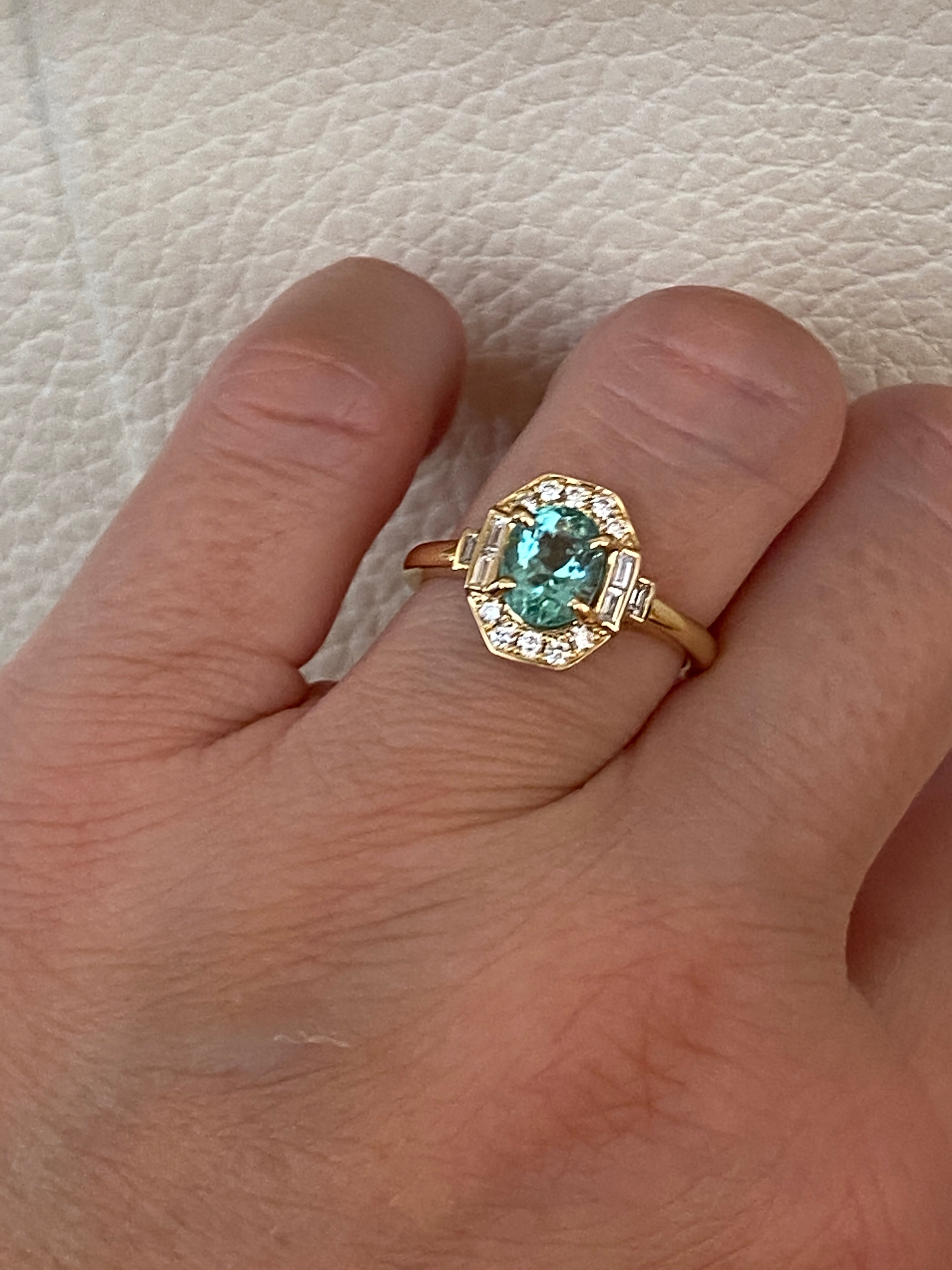 ALGT Certified 1.37 carat Paraiba Tourmaline Diamond  18 kt Yellow Gold Ring