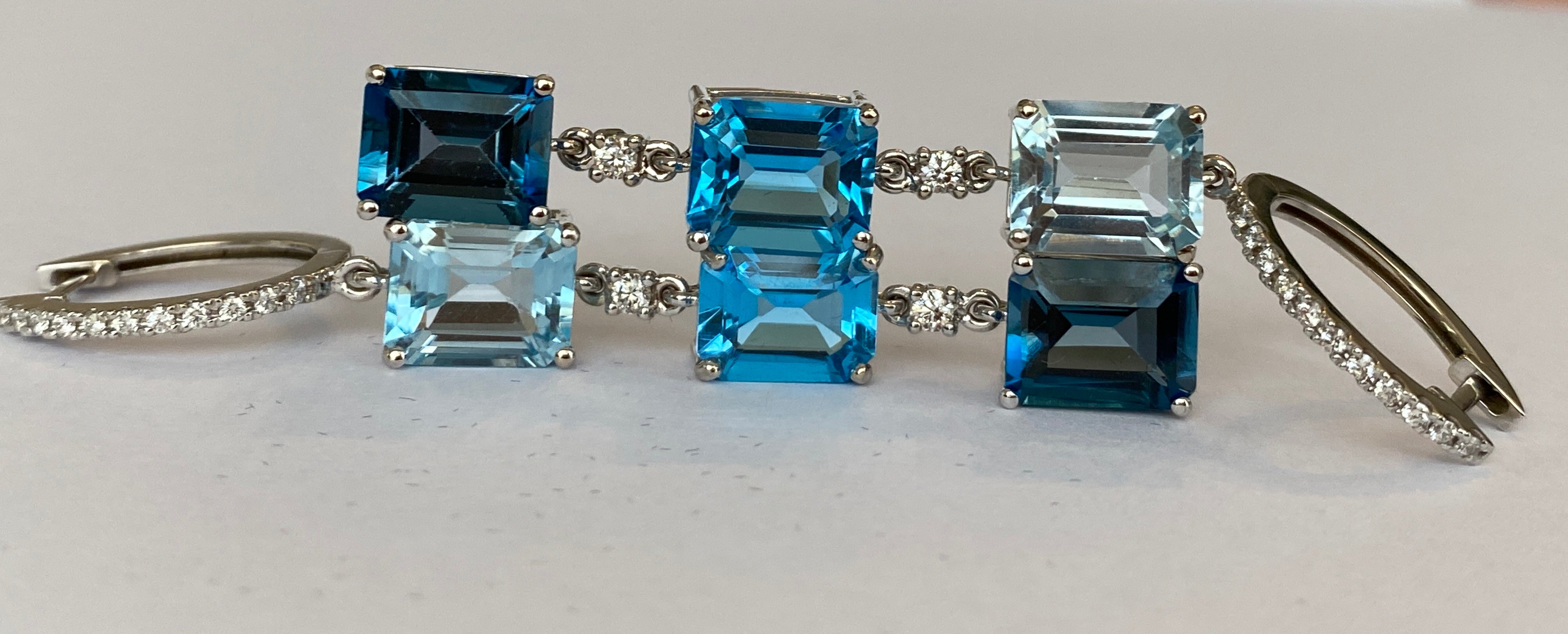 Exquisite 18K White Gold 22.45 Carat Blue Topaz & Diamond Dangle Earrings