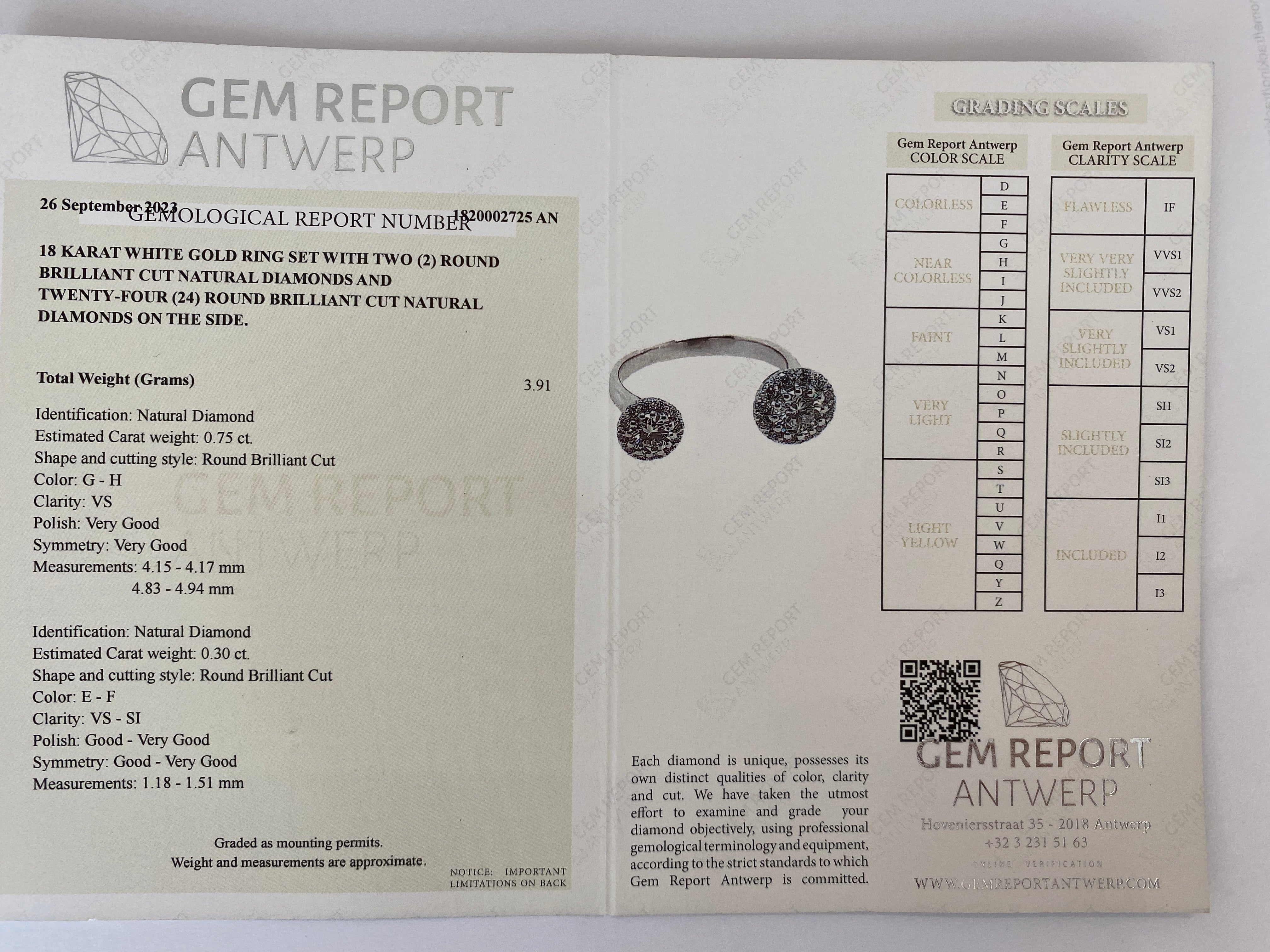 Stunning Modern Engagement 18K White Gold Diamond 'Toi et Moi' Ring