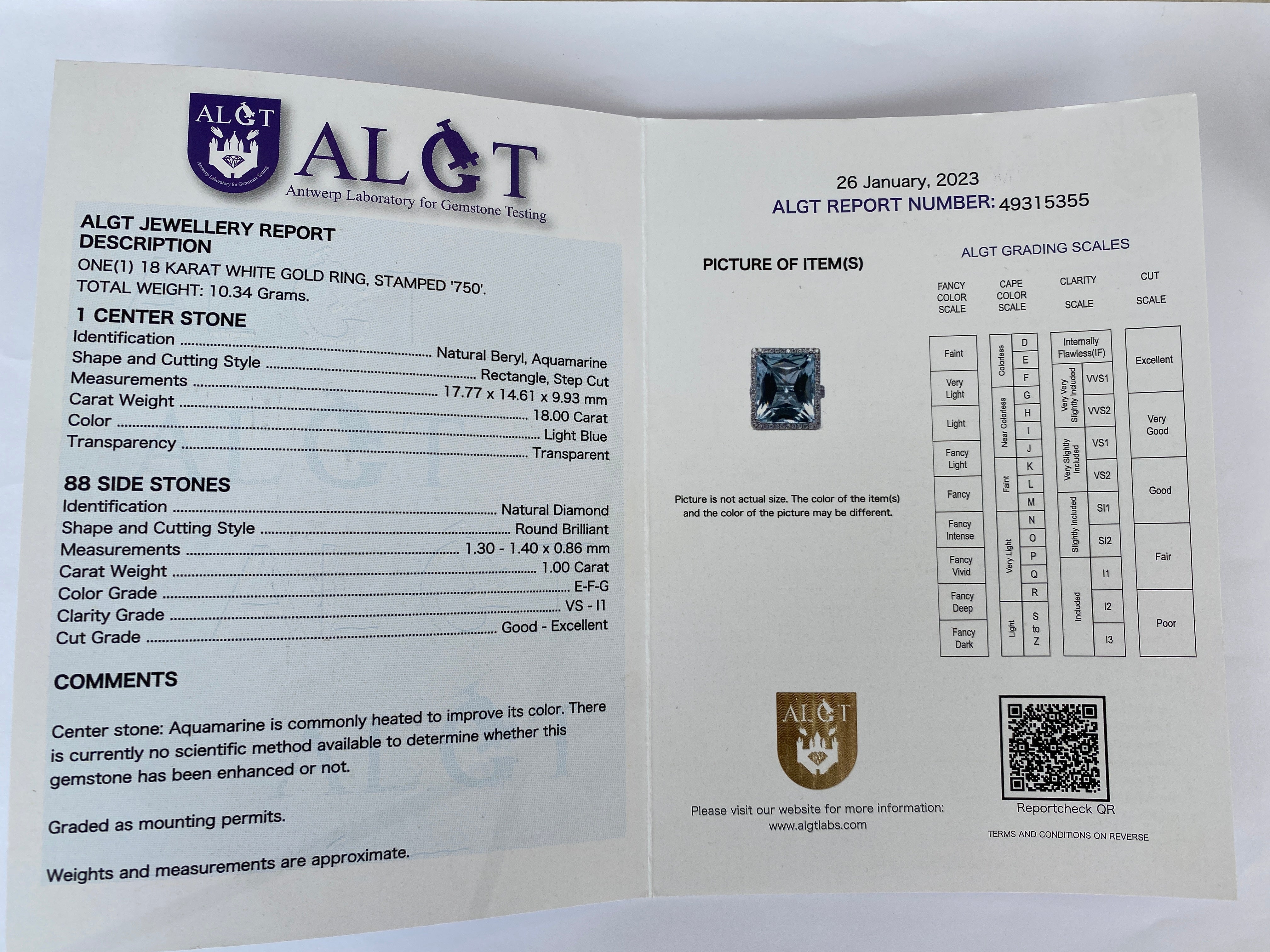 Certified 18K White hand made Gold Ring with 18.00 Ct Aquamarine & Diamonds