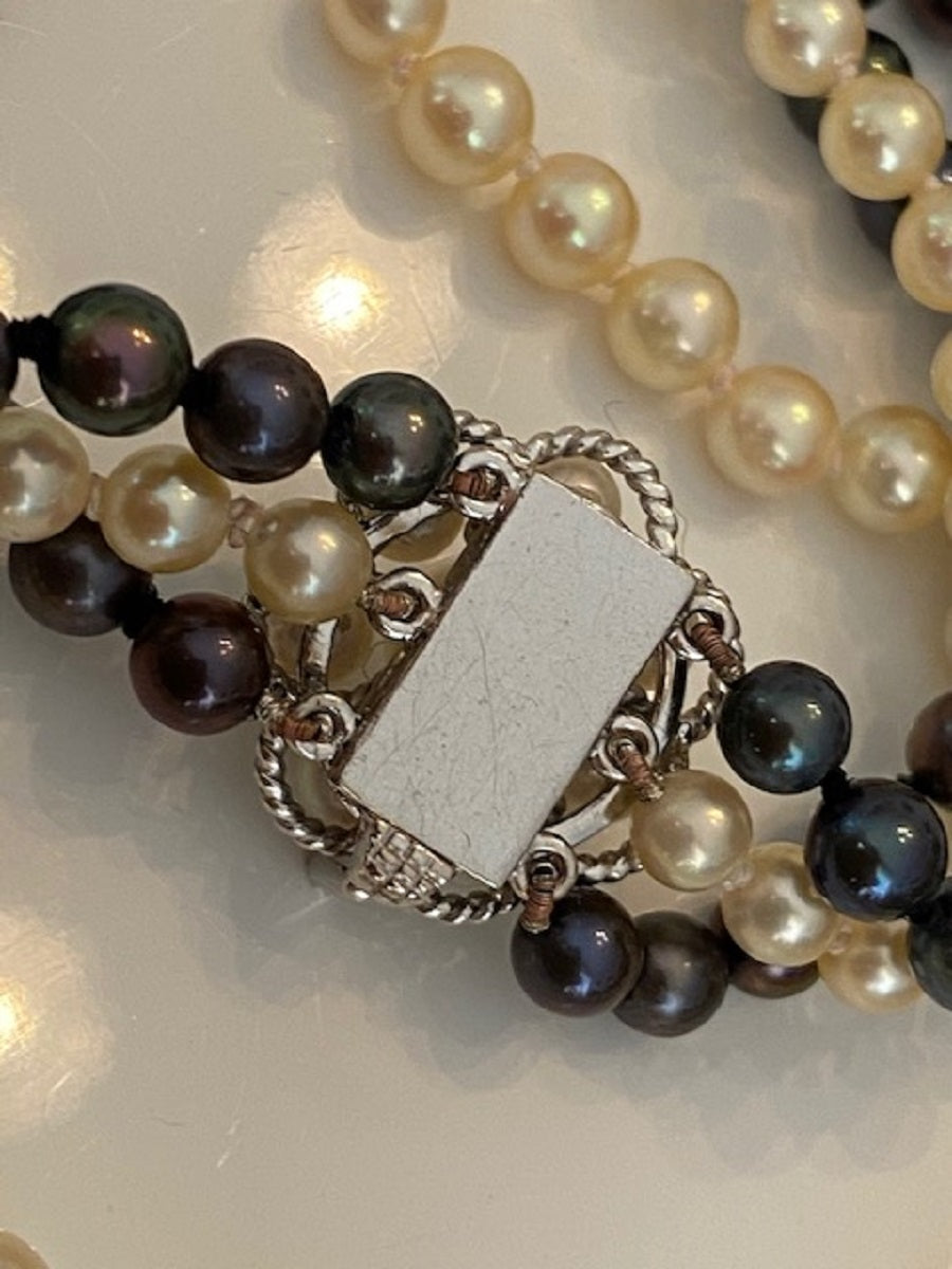 Vintage 3-Row Natural Freshwater Pearl Necklace with 18K White Gold Clasp
