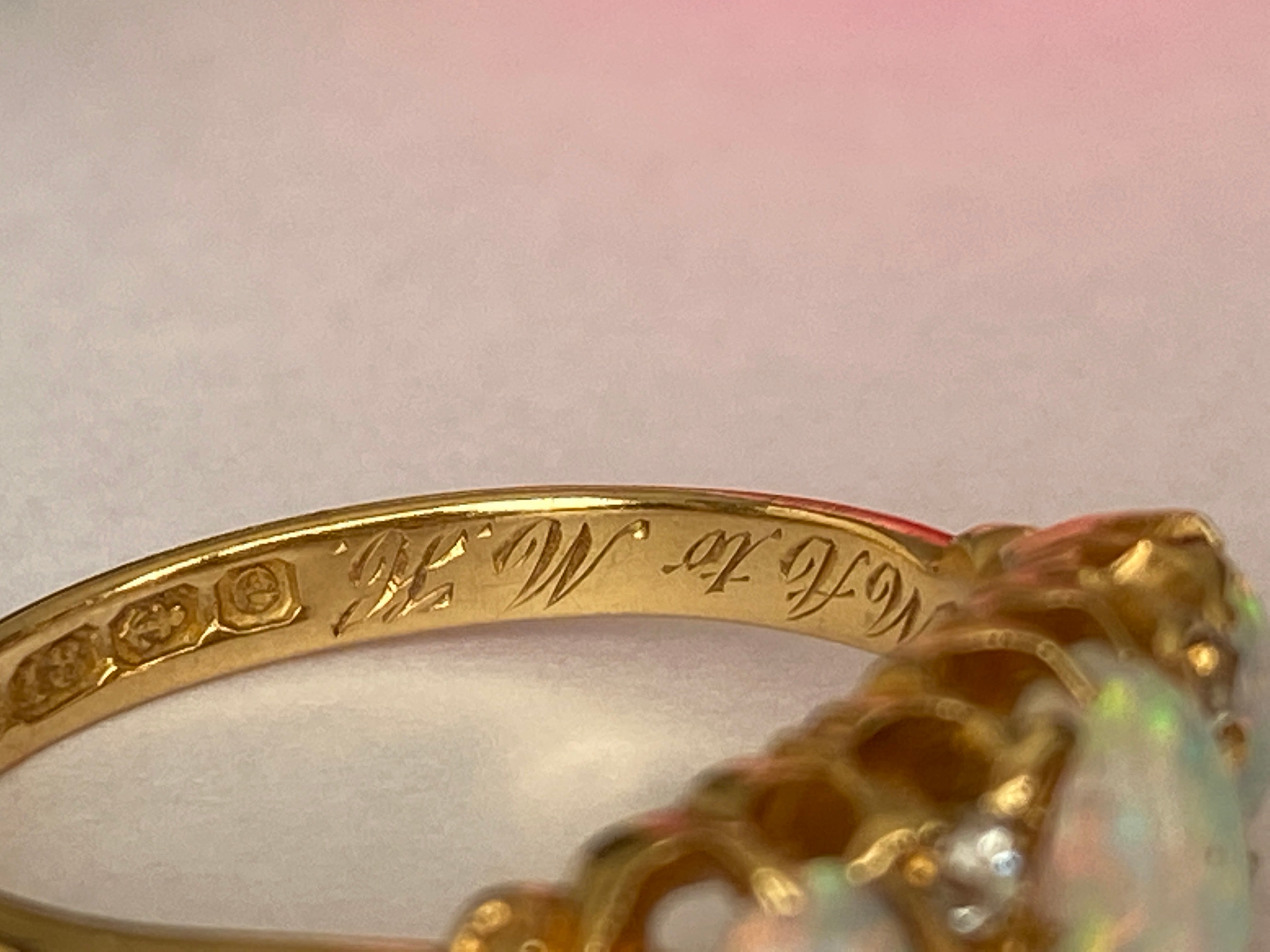 Antique English Edwardian 18ct Gold Opal and Diamond Ring, Birmingham, 1904