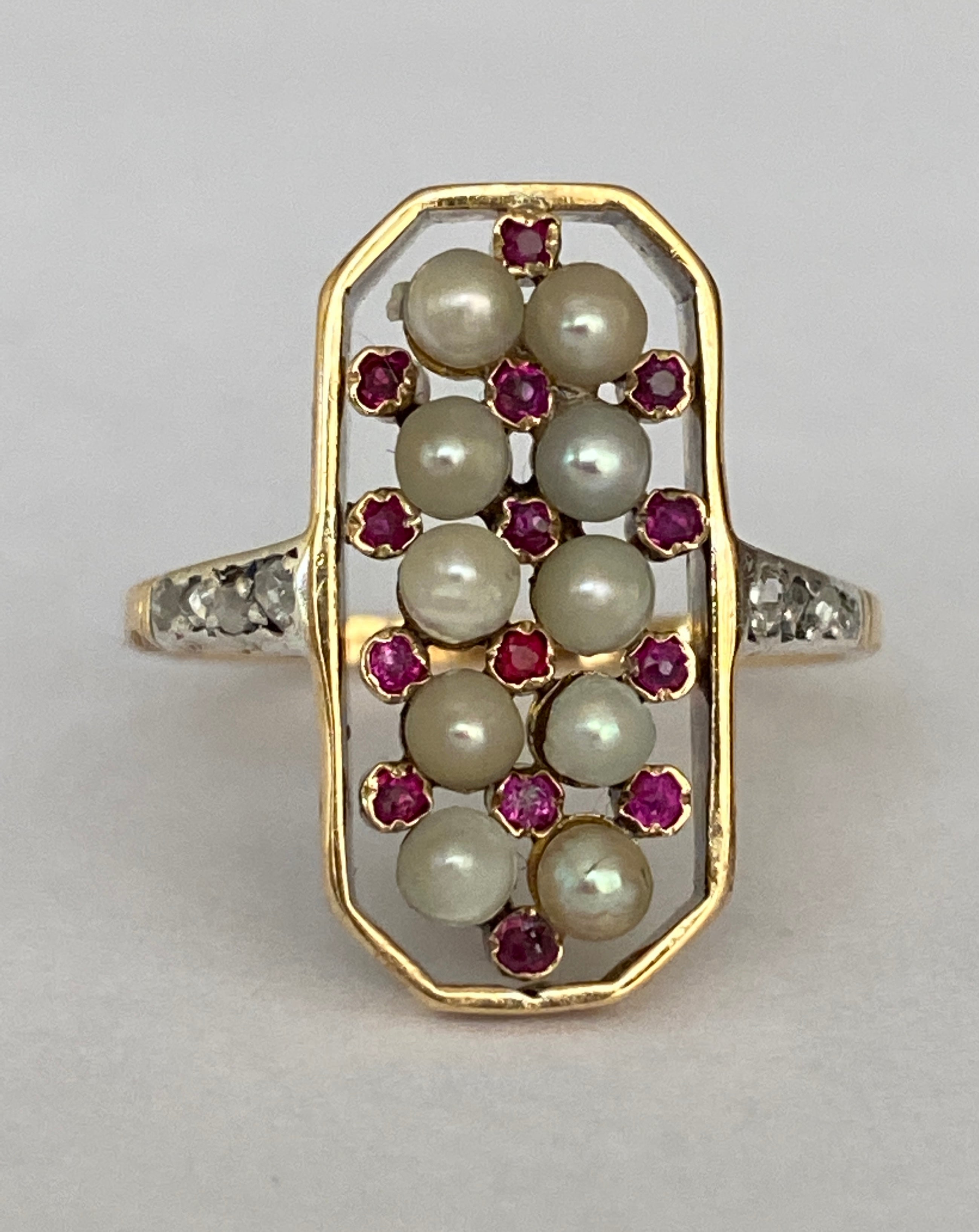 Antique Edwardian Pearl, Ruby & Diamond Ring in Gold
