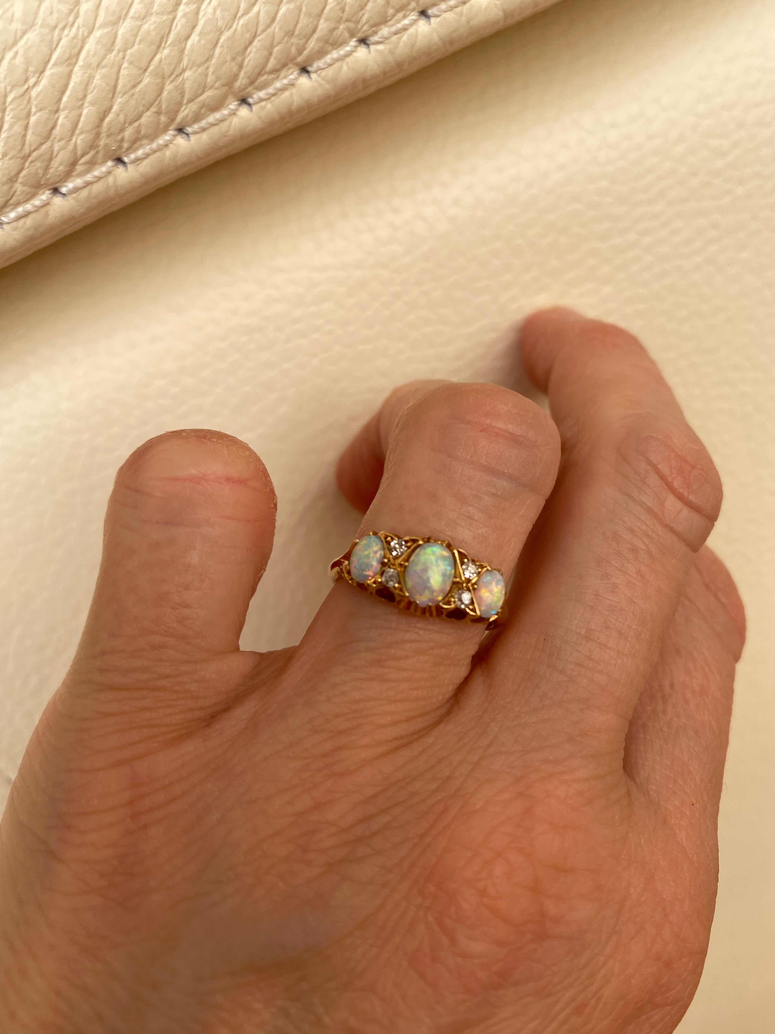 Antique English Edwardian 18ct Gold Opal and Diamond Ring, Birmingham, 1904
