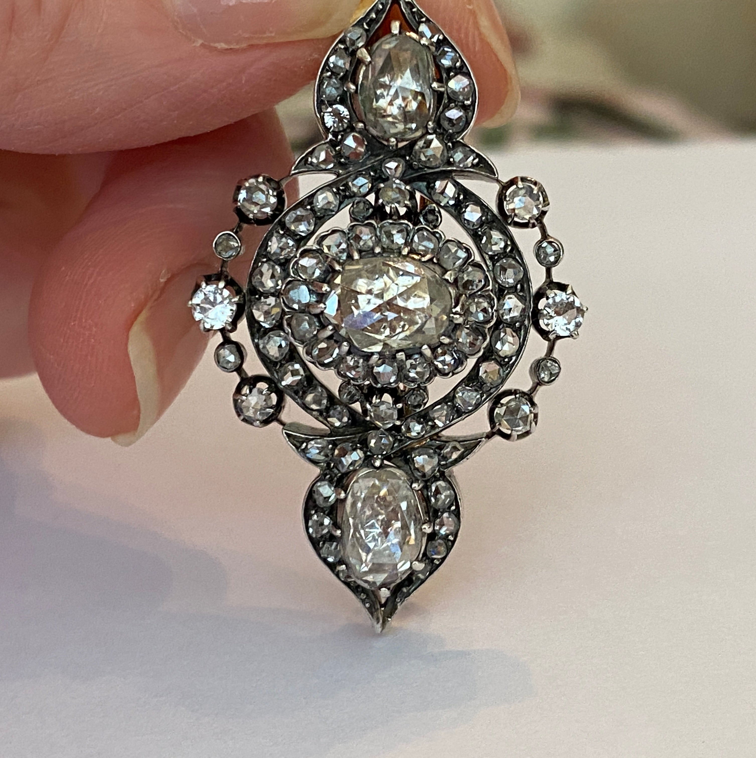 French Antique 18k Gold /Silver Napoleon III 6ct Rose-Cut Diamond Brooch/Pendant