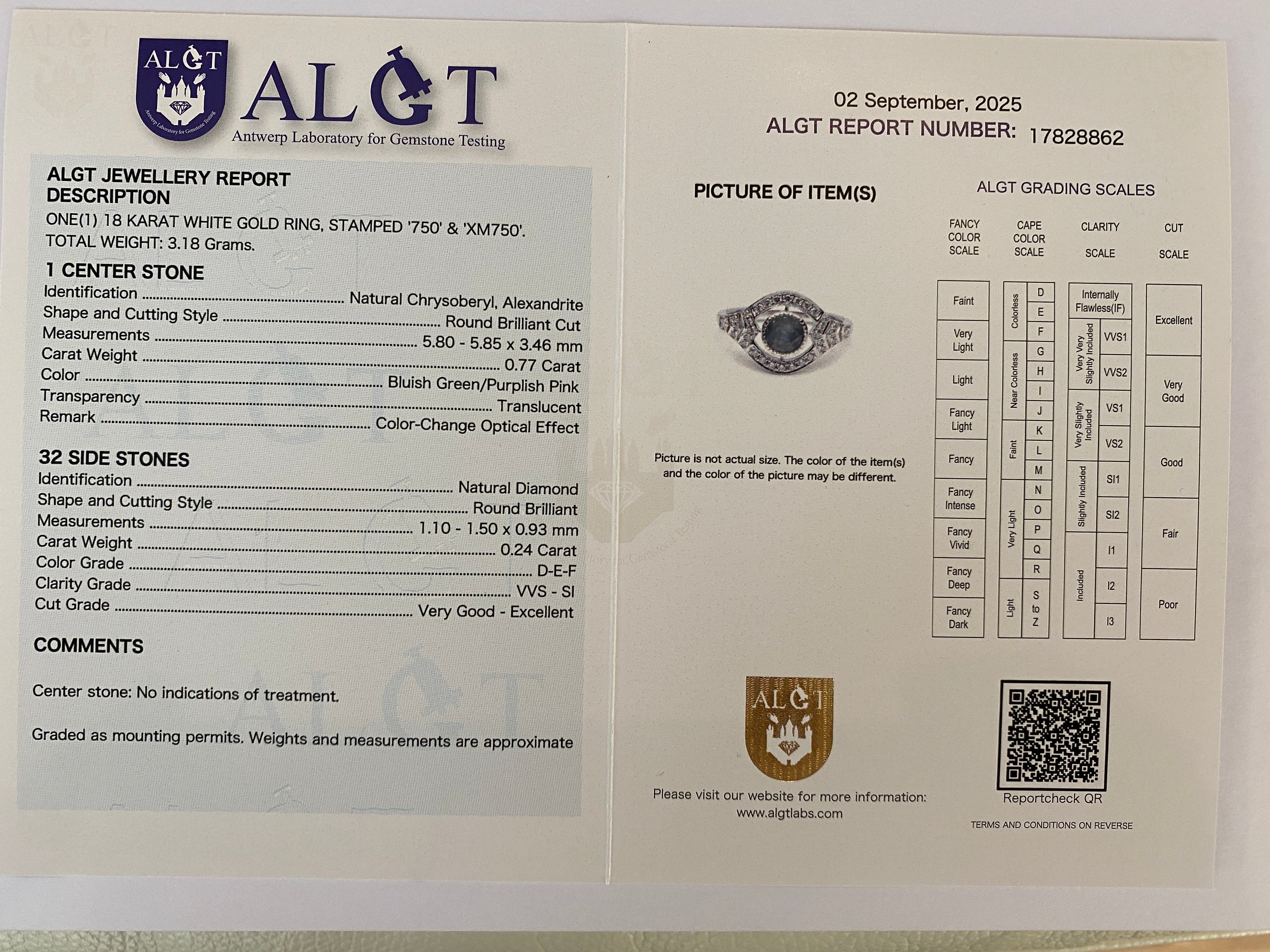 ALGT certified Natural 0.77 Carat  Alexandrite and  Diamond  White Gold  Ring