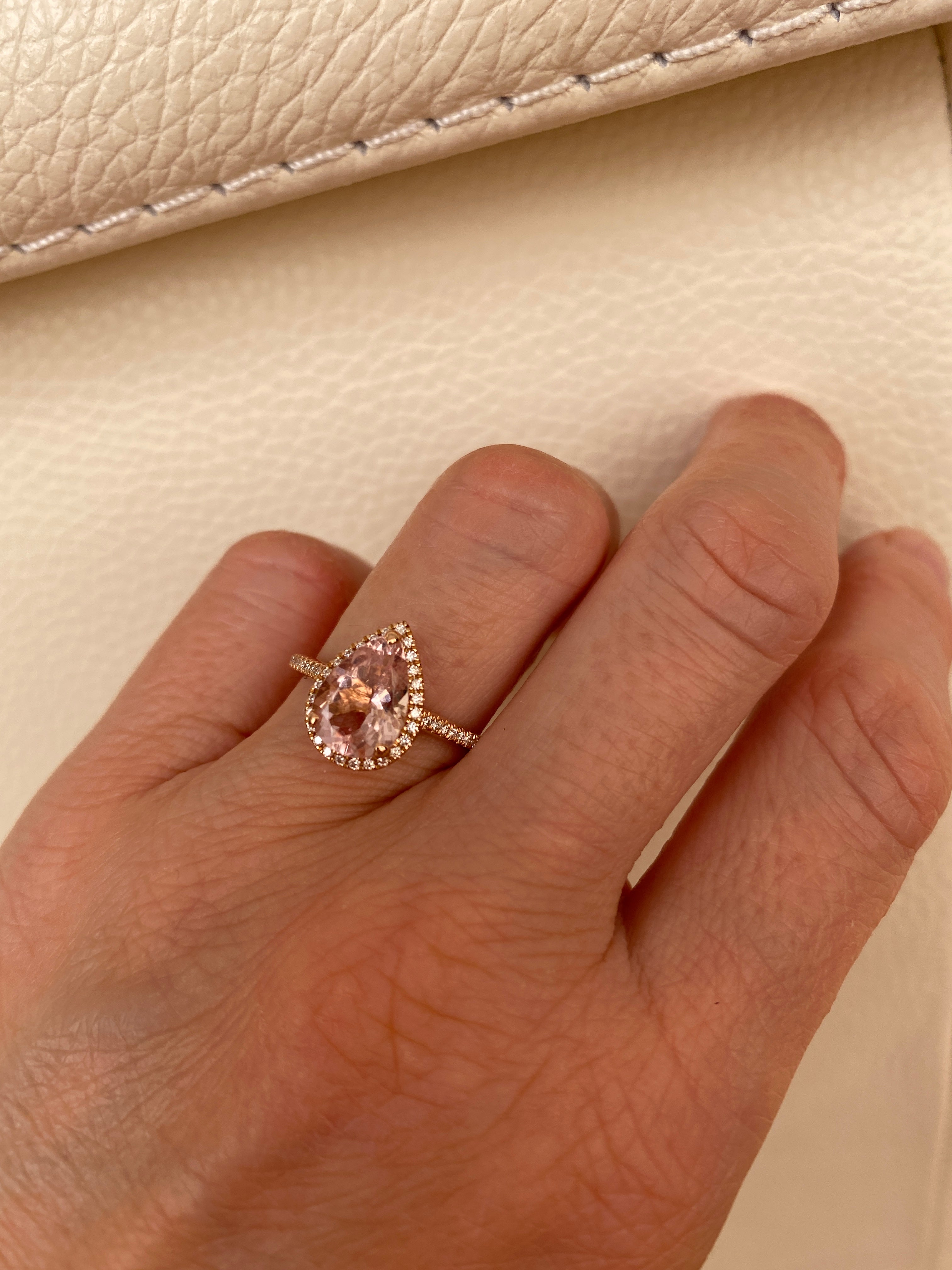18K Rose Gold Pear-Cut Morganite Halo Diamond Ring