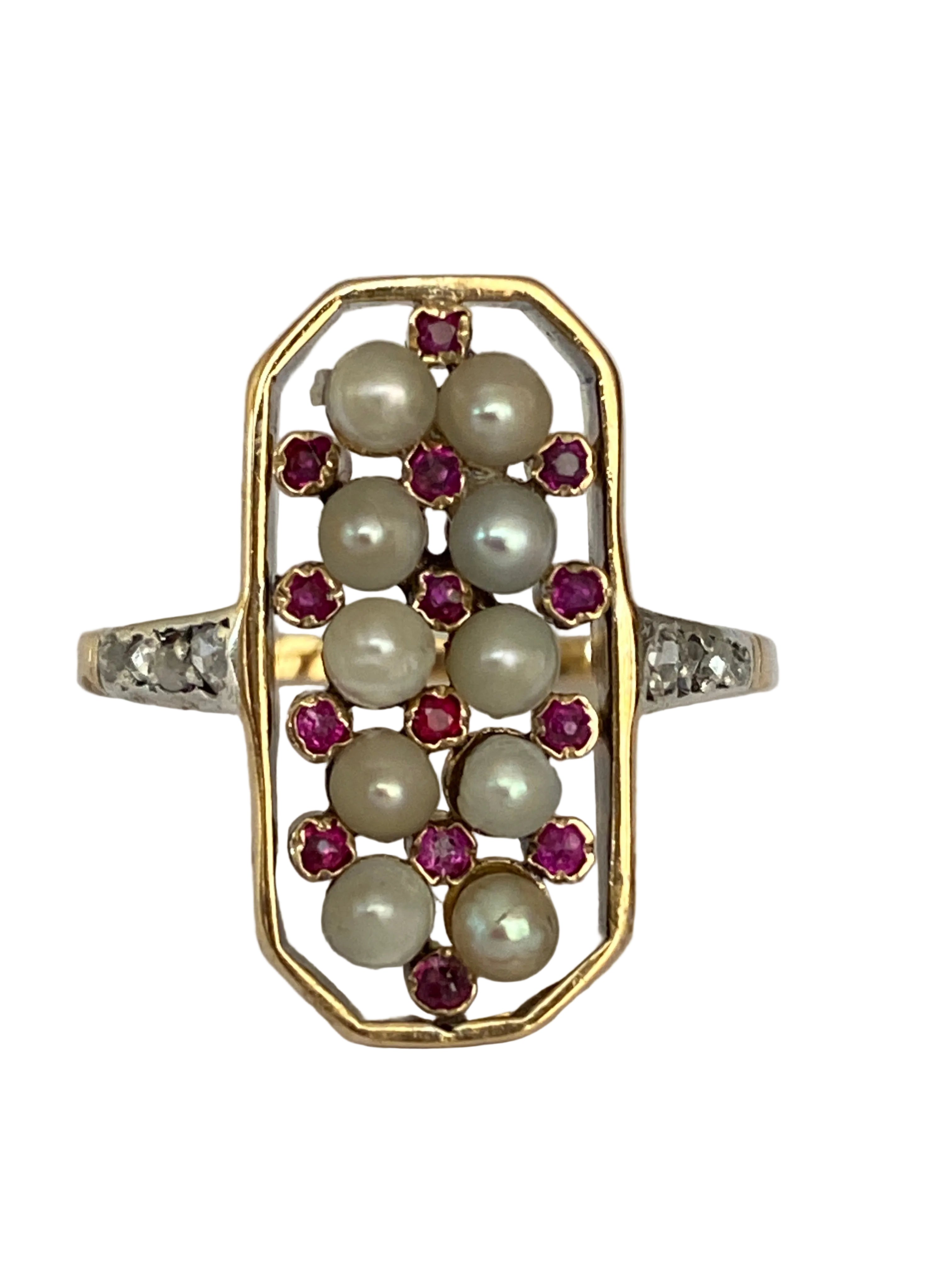 Antique Edwardian Pearl, Ruby & Diamond Ring in Gold