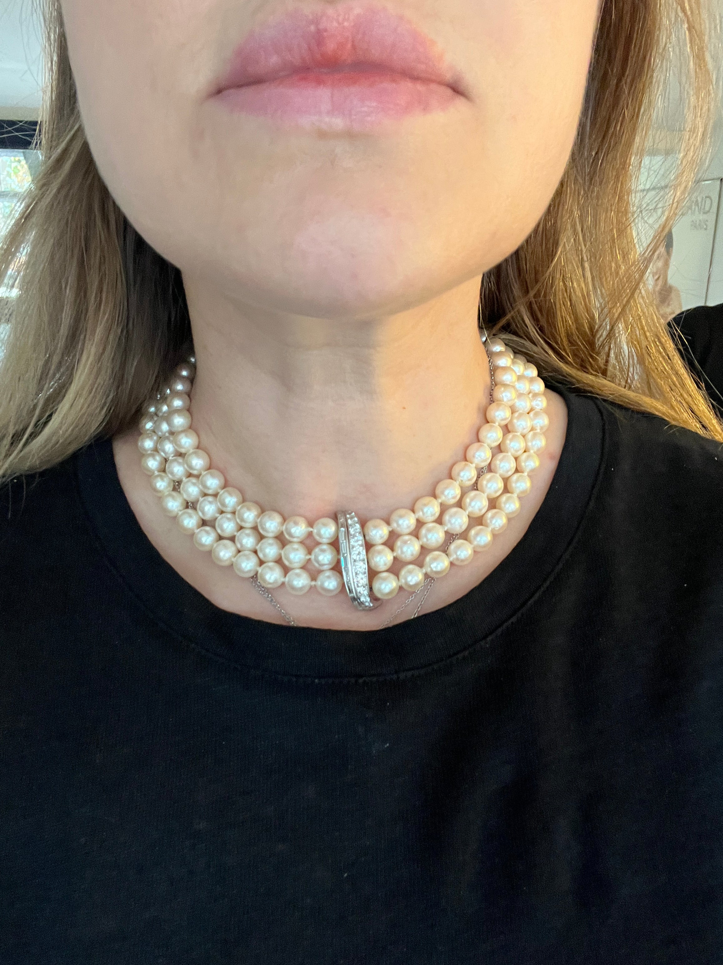 2.60 ct Diamond  & Pearl Vintage Choker Necklace in 18k White Gold