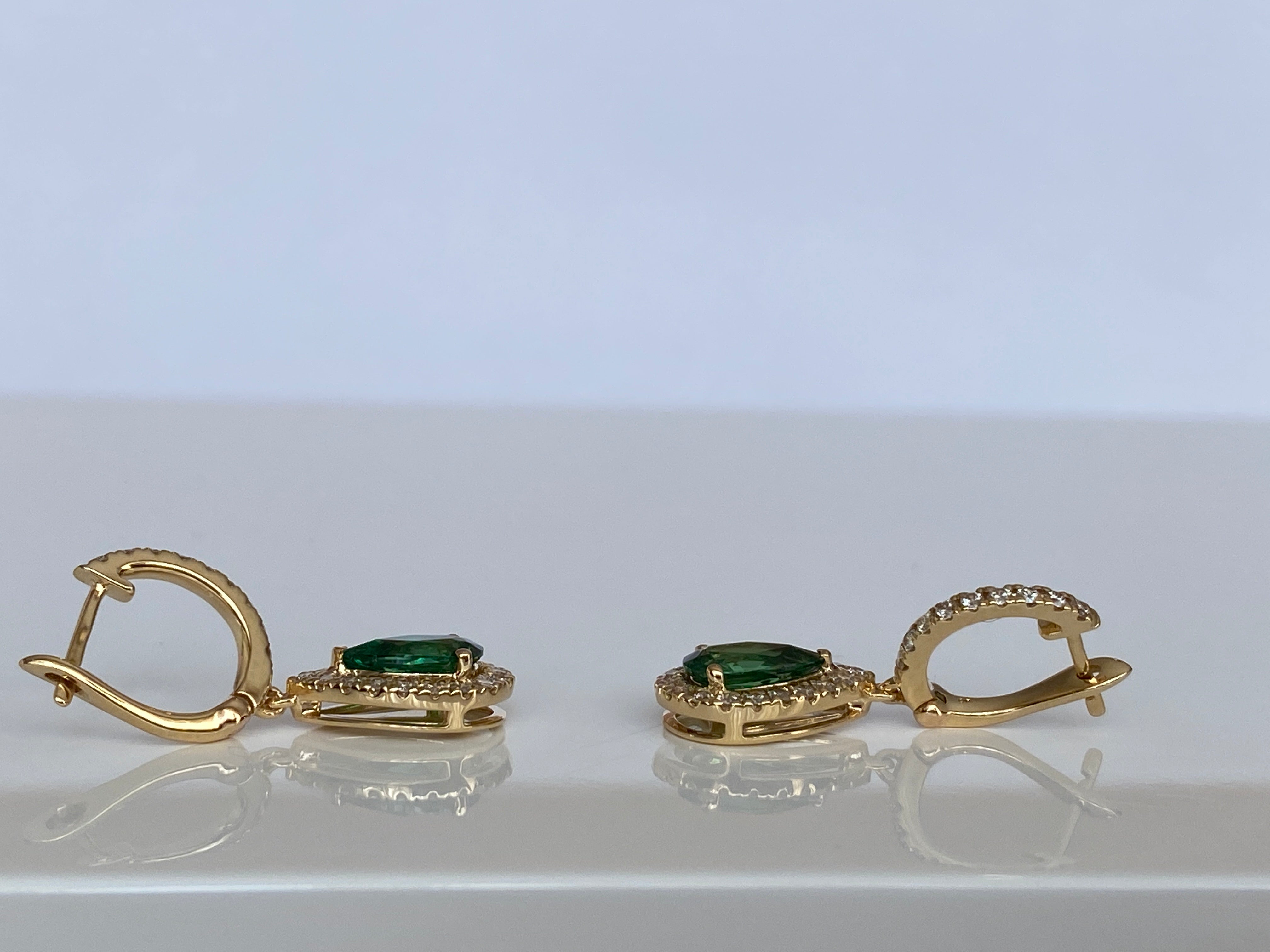 ALGT Cerified Vivid Green Tsavorite Diamond  Drop Earrings in 18K Yellow Gold