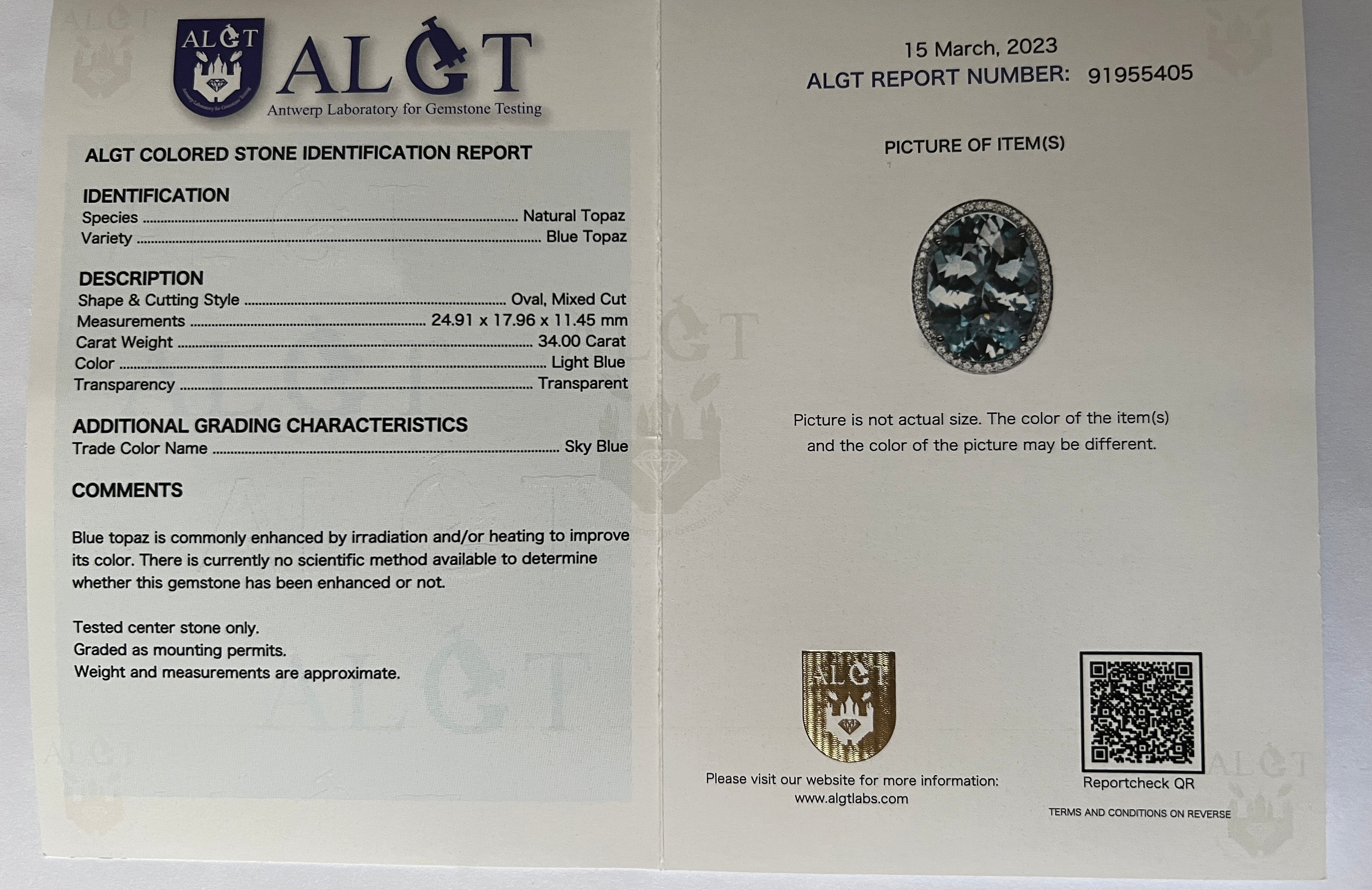 Certified hand made 34 Ct Sky Blue Topaz & Diamond Cocktail Ring in White Gold