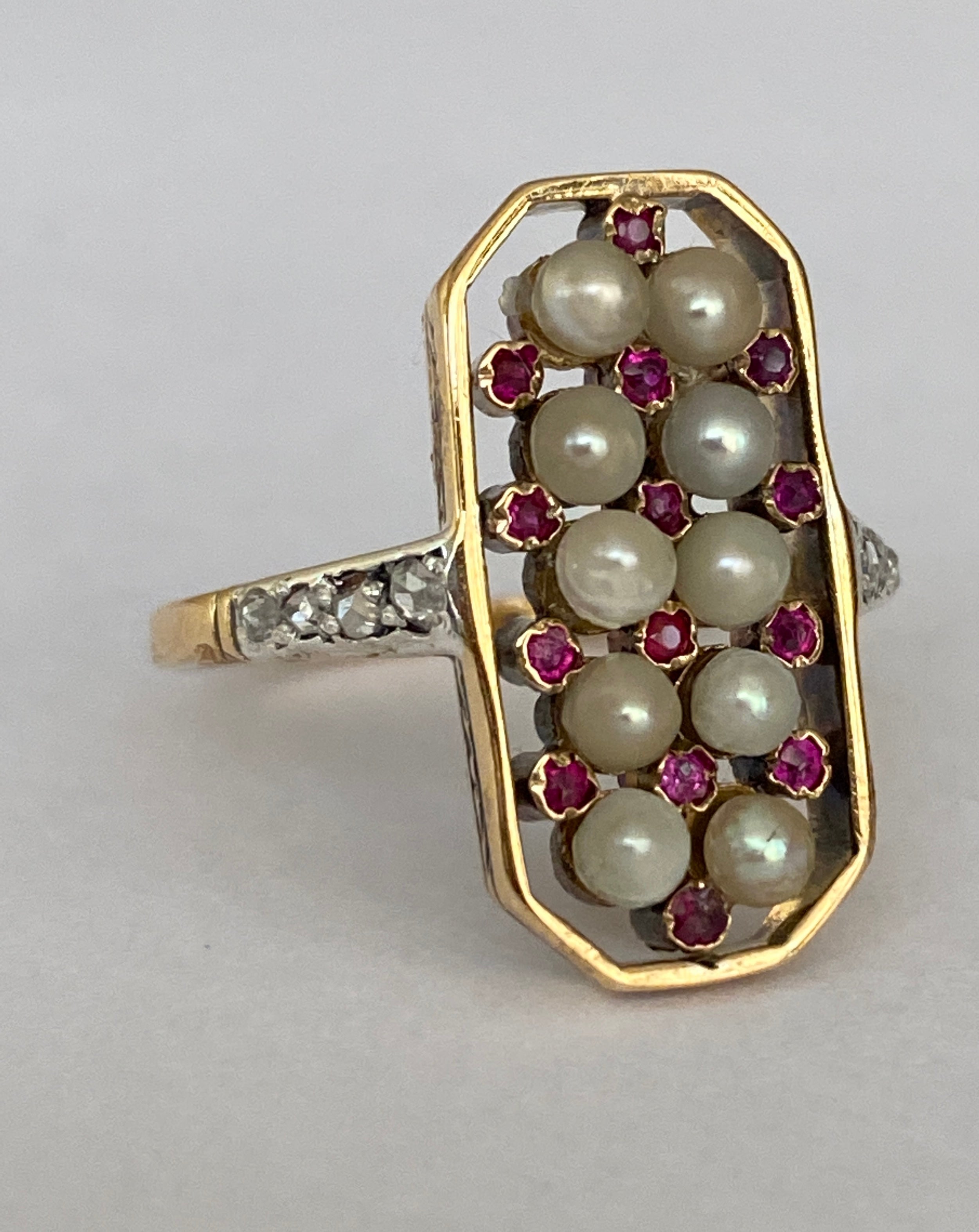 Antique Edwardian Pearl, Ruby & Diamond Ring in Gold