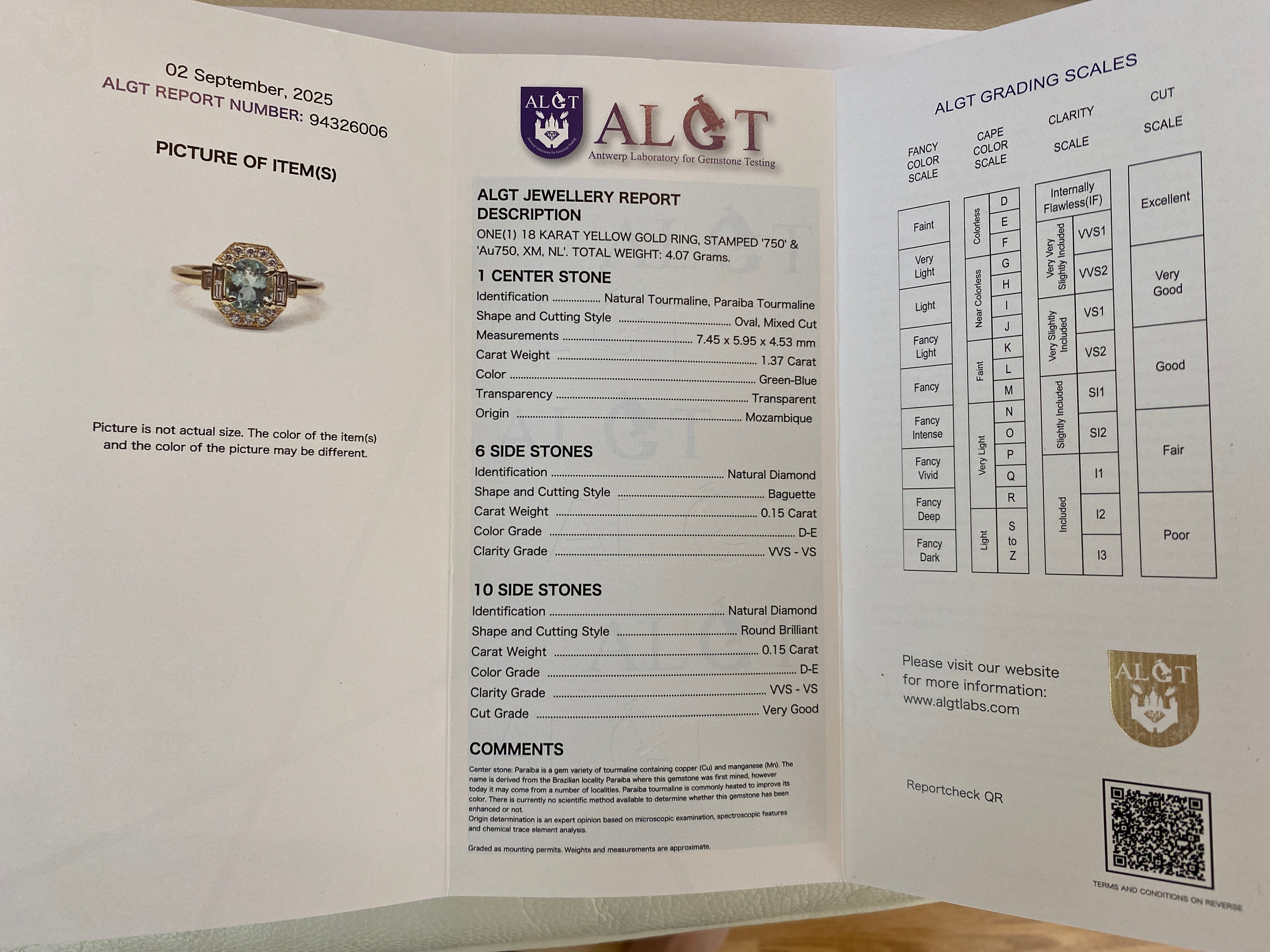 ALGT Certified 1.37 carat Paraiba Tourmaline Diamond  18 kt Yellow Gold Ring