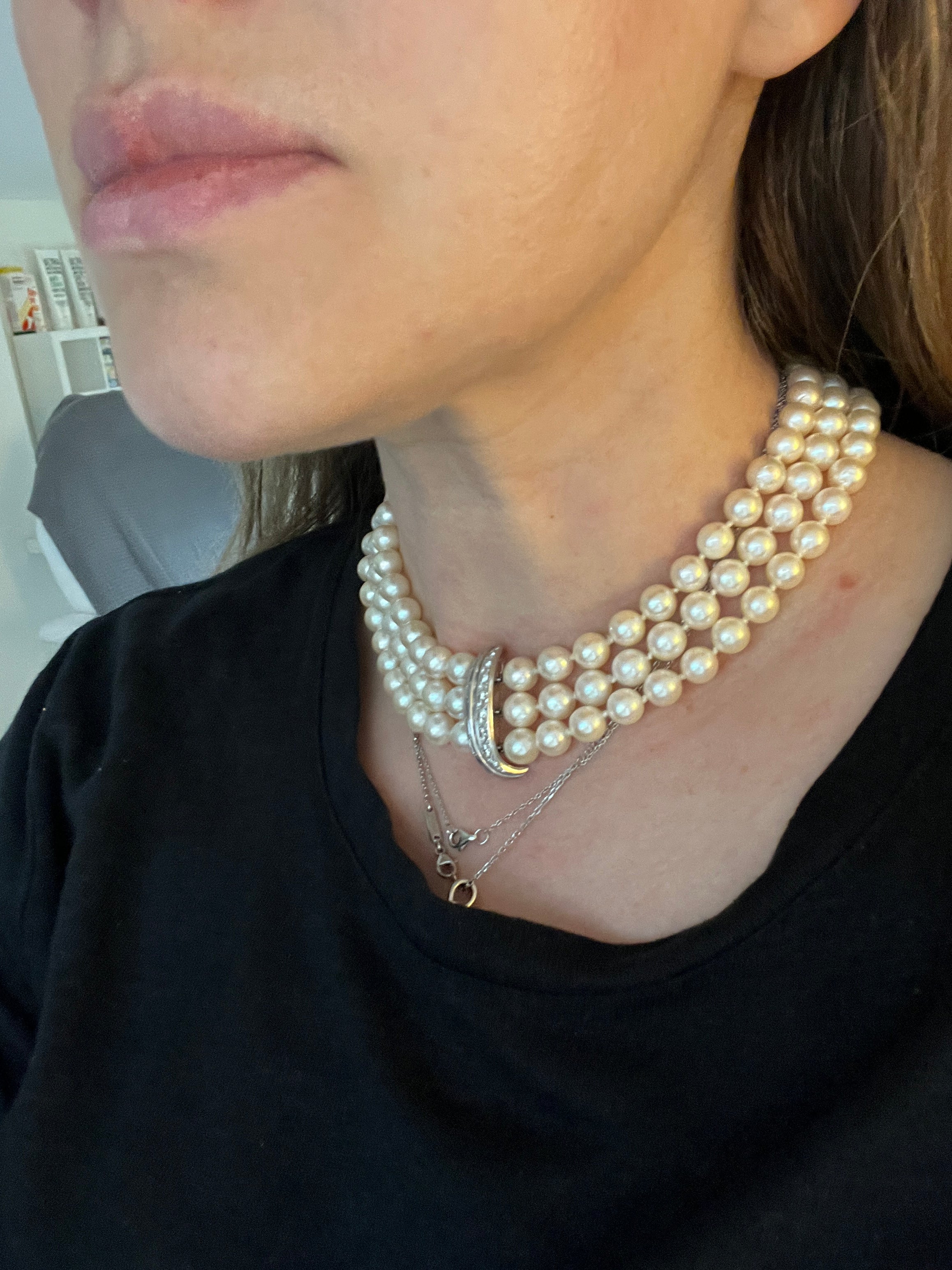 2.60 ct Diamond  & Pearl Vintage Choker Necklace in 18k White Gold